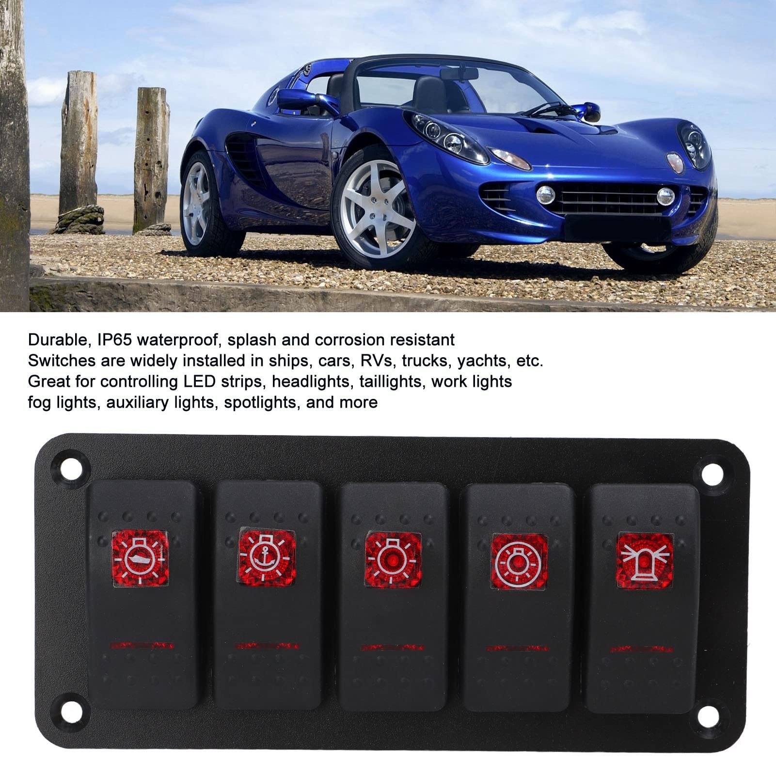 Tissting Pannello Interruttori 5 Gang 12V/24V 20A/10A Impermeabile Pulsantiera Barca con Etichette, LED Luce Rossa Retroilluminata Interruttori a Levetta per Auto Barca Camper