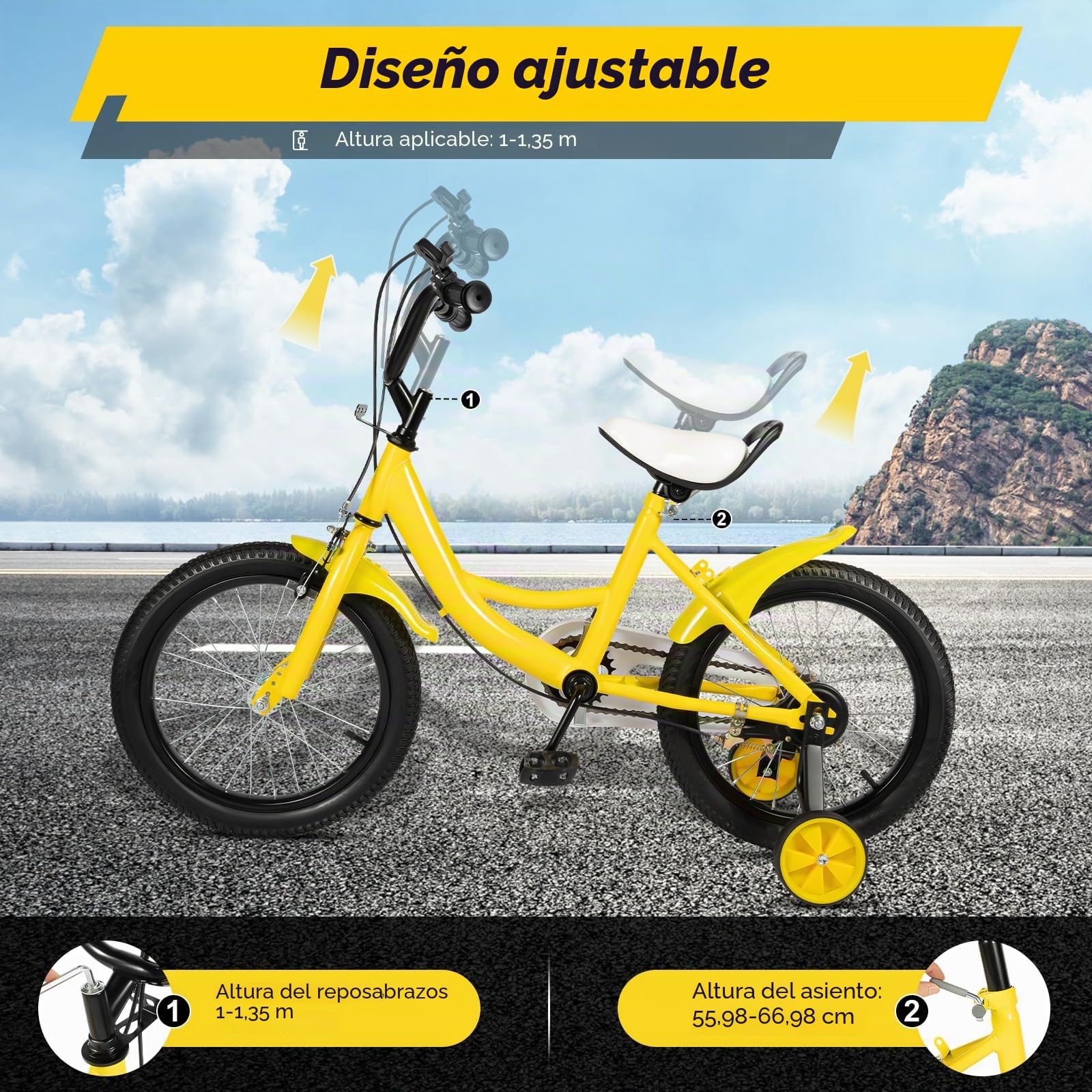 Bicicleta infantil de 16 pulgadas, universal, para niños y niñas, ajustable con guardabarros y cubierta de cadena, neumáticos amortiguadores, amarillo, acero al carbono, a partir de 5-8 años