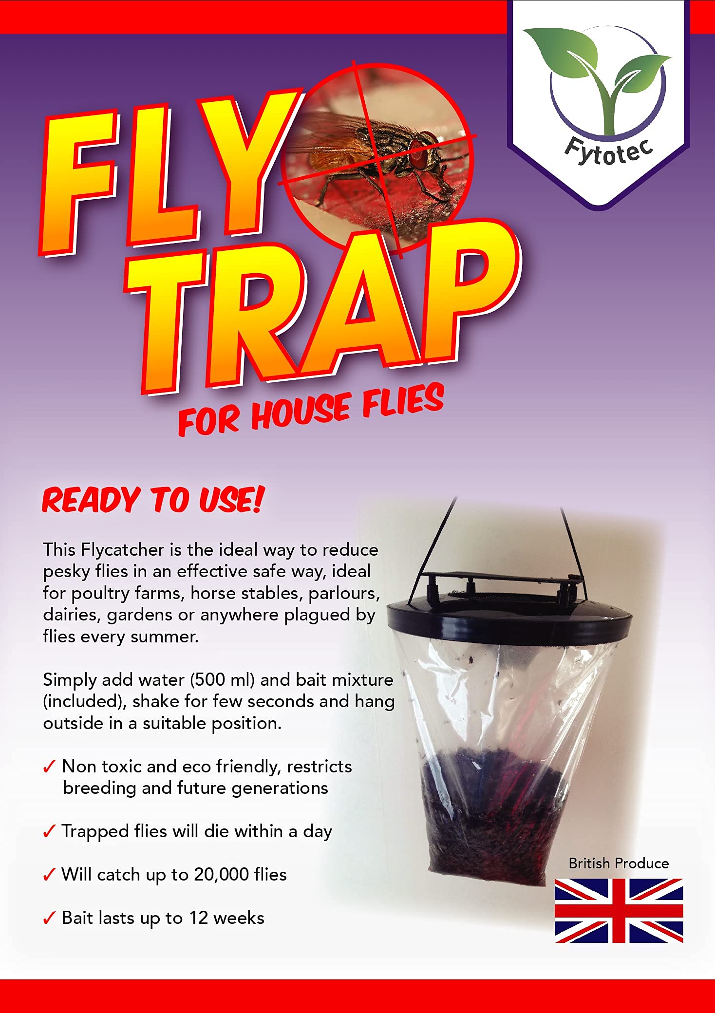 Fly trap outdoors (2 pack, made in UK) , this Fly catcher catches x 5