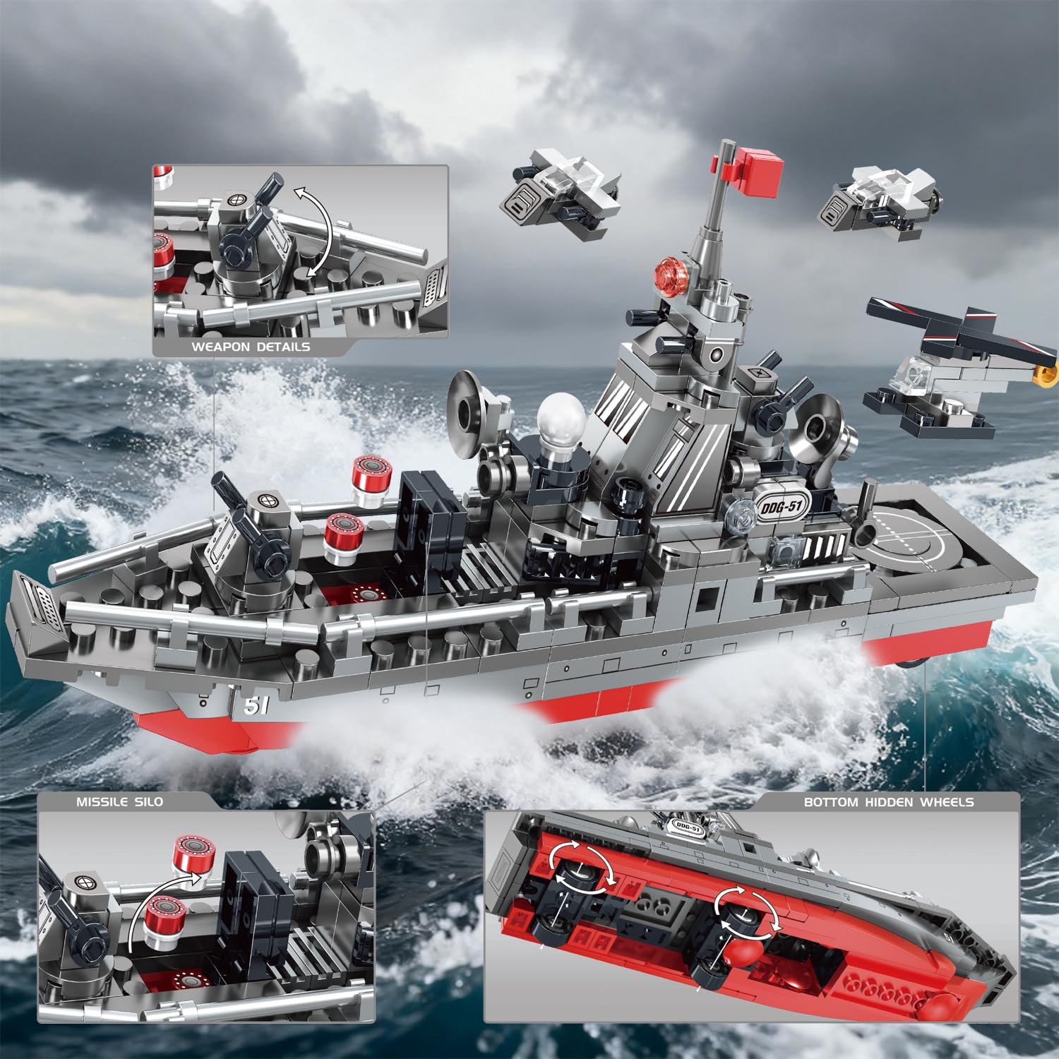 3-in-1 Military Warship Building Toys Kit (418 pcs) - Navy Destroyer Model with Radar, Missile Launcher, Aircraft - Image 2