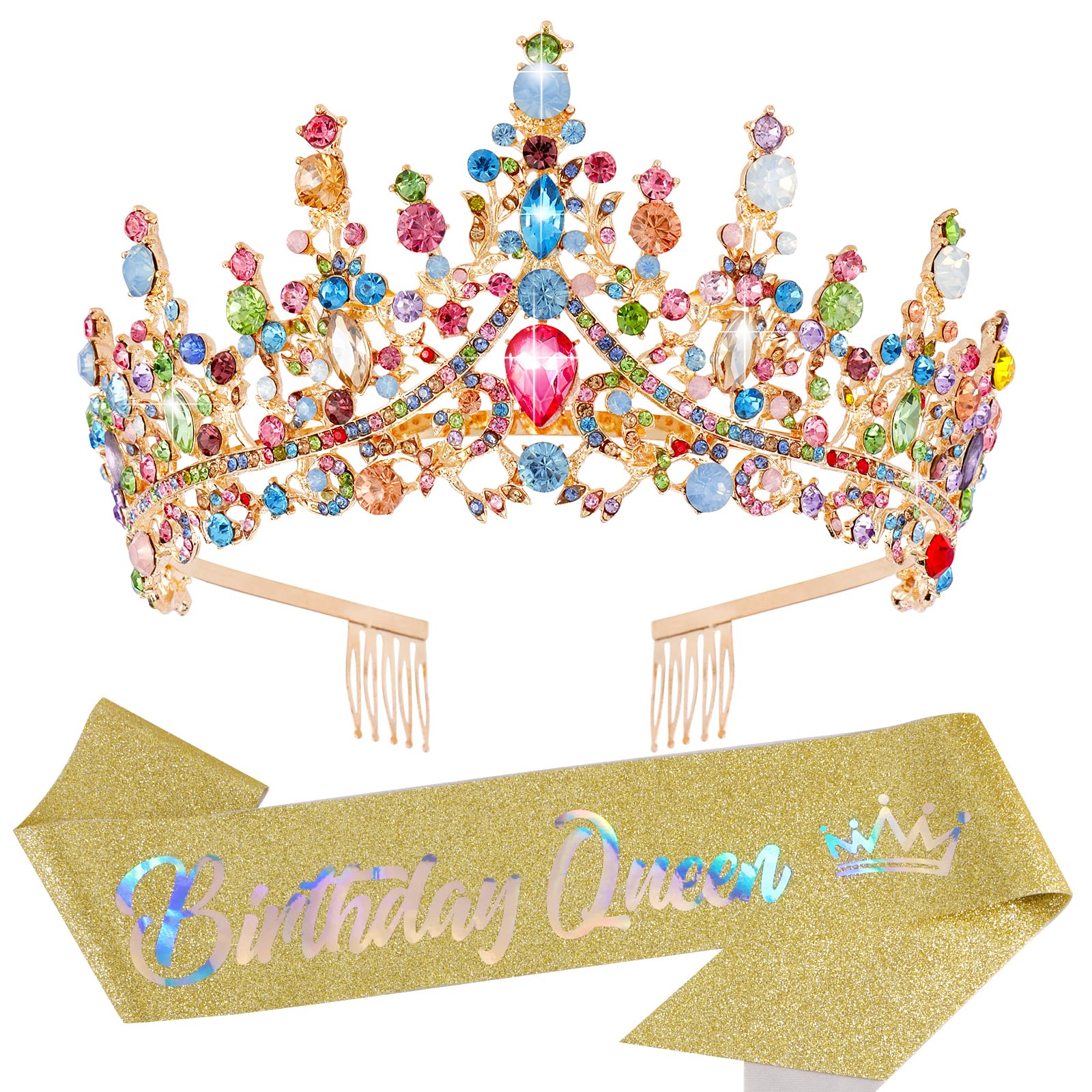 VELSCRUN Birthday Queen Tiara Crowns for Women Girls Princess Crown Birthday Headband Sash Party Decorations Gift