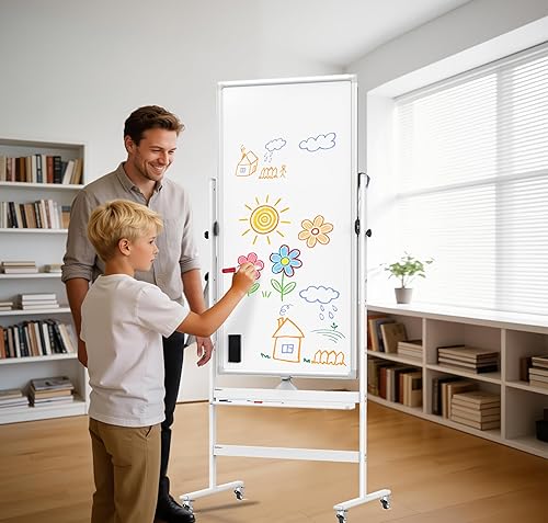 Miniatura 5 de Pizarra blanca móvil de doble cara de 40 x 28 pulgadas con ruedas, pizarra magnética de borrado en seco en el soporte, altura ajustable, marco