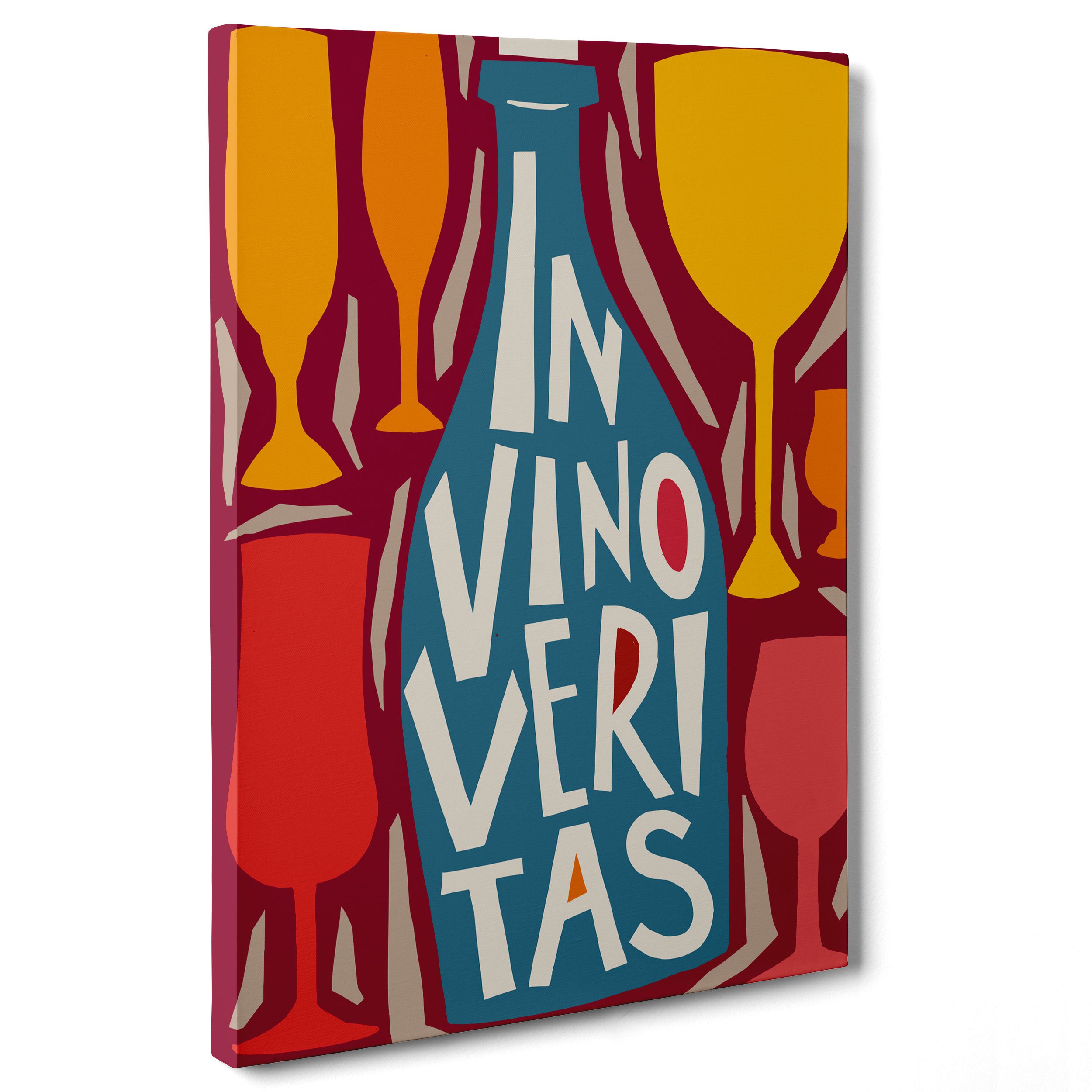 QUADRO SU TELA CANVAS - INTELAIATO - PRONTO DA APPENDERE - In Vino Veritas - Enoteca Vino - Illustrazione Cubista - 50x70cm - Senza Cornice - (cod.3037)