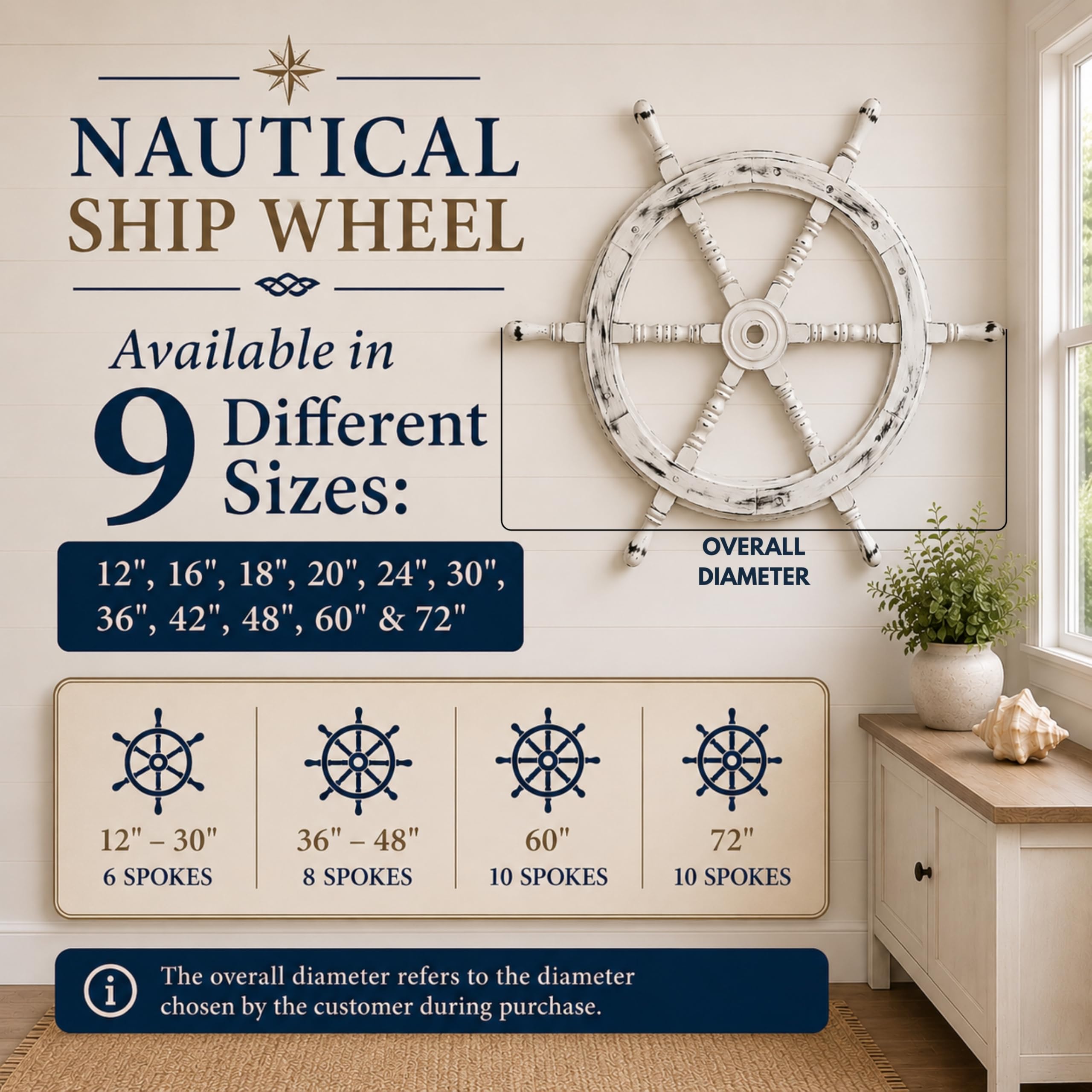 Nagina International Roue de bateau nautique en bois fabriqué à la main - Décoration murale pour la maison (24 pouces, blanc antique)