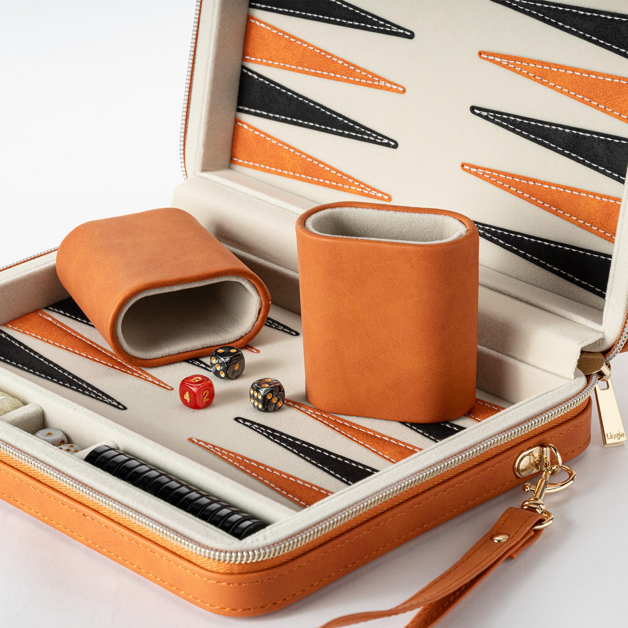 Set di backgammon per adulti, classico gioco da tavolo con custodia pieghevole in pelle Backgammon, set da viaggio portatile (arancione)
