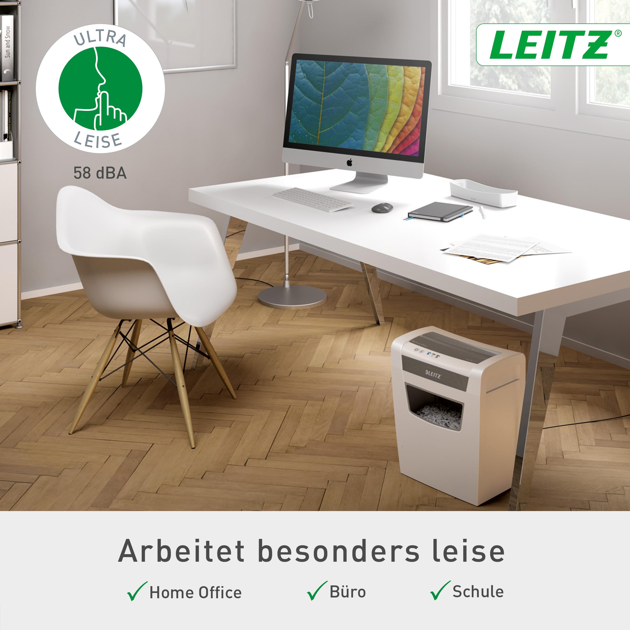Leitz IQ Aktenvernichter Home Office, 12-10 Blatt (70-80 g/m²), TÜV+GS zertifiziert, Partikelschnitt, Sicherheitsstufe P4, Die Nummer 1 am Markt, 23L Behälter, Schredder für Büro, Weiß, 80090000