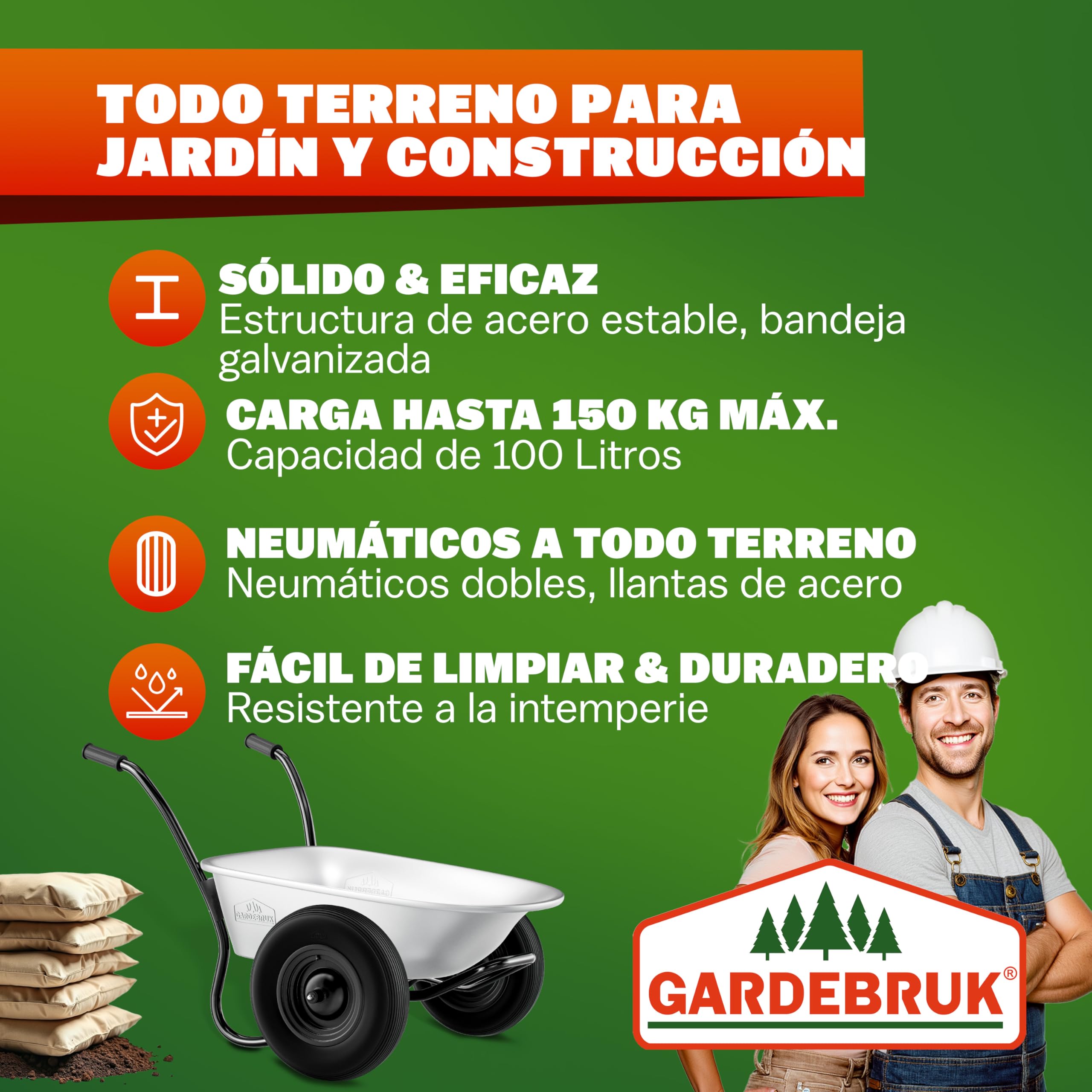 GARDEBRUK® Carretilla de Obra 100L Carro de Jardín Capacidad Carga Máx. 150 Kg 2 Ruedas Neumáticas Acero Galvanizado Mangos Ergonómicos Resistente Ligera Herramienta Jardinería Construcción
