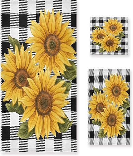 Juego de 3 toallas de playa a cuadros de girasoles amarillos de otoño con flores florales de tartán blanco y negro, suaves, finas, duraderas,