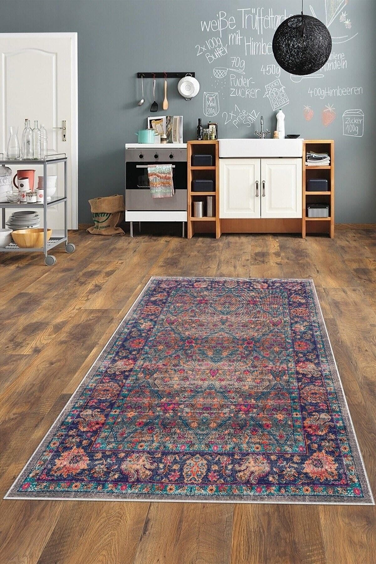 Pelangi Mavi Osmanlı Motifler Eskitme Yıkanabilir Kaymaz Taban Leke Tutmaz Modern Salon Halısı Ve Yolluk, Mavi-Pembe 100 x 200, 74571105100200728