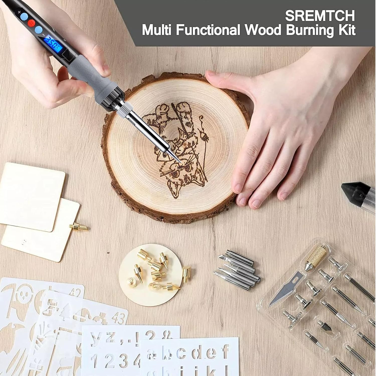 56pcs New Wood Burning Kit With Letter Stamps Copper Mold DIY，Hot Stamps Tool with Figure Alphabet,Wood Burner Tips Adjustable Temperature Soldering Iron Pen,DIY Kit Carving Adults Crafts Beginners