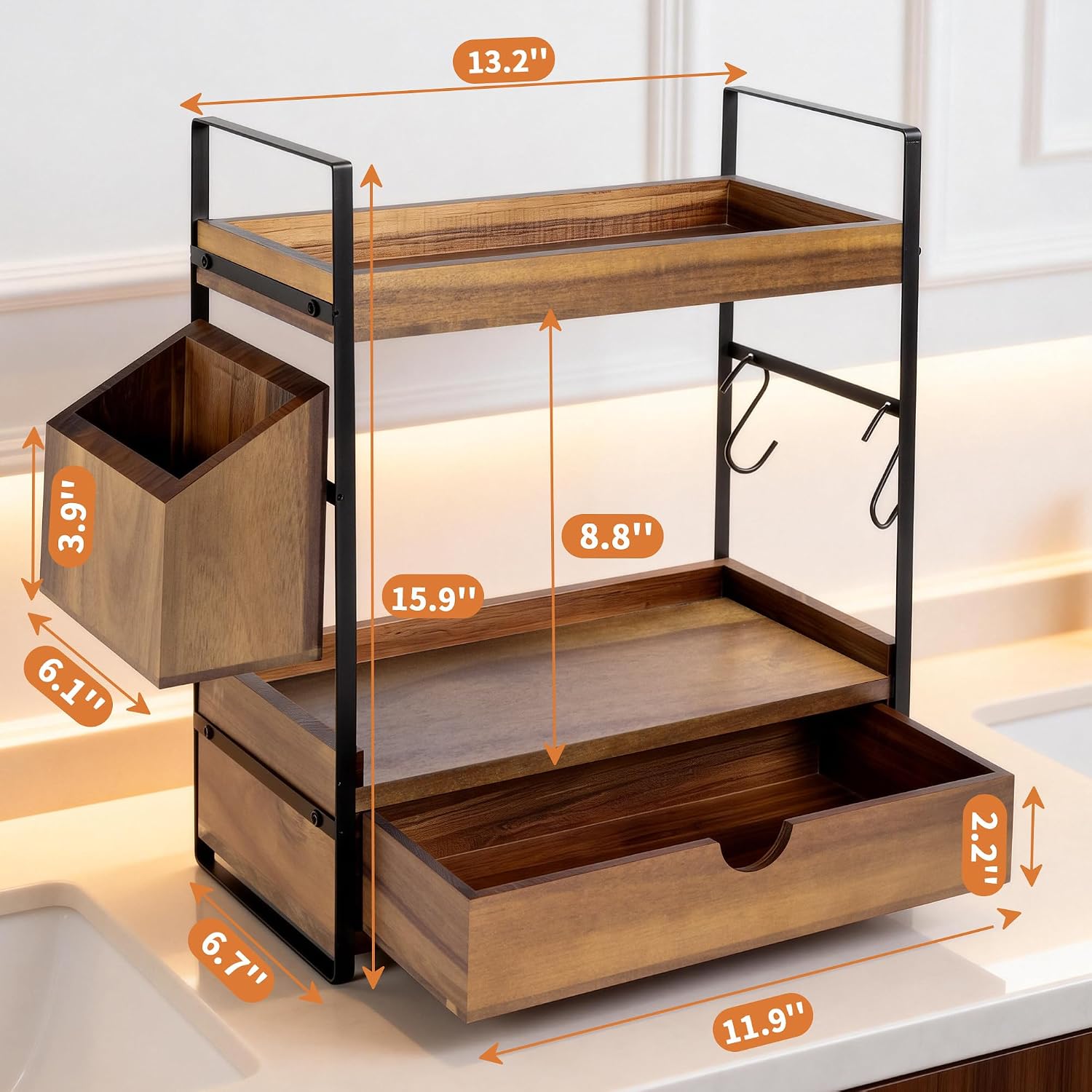 2-Tier Bathroom Counter Organizer with Drawer and Basket, Acacia Wood Countertop Organizer for Storage, Skincare Organizers for Vanity, Counter Shelf for Bathroom Organization(Acacia Wood-Dark Brown)