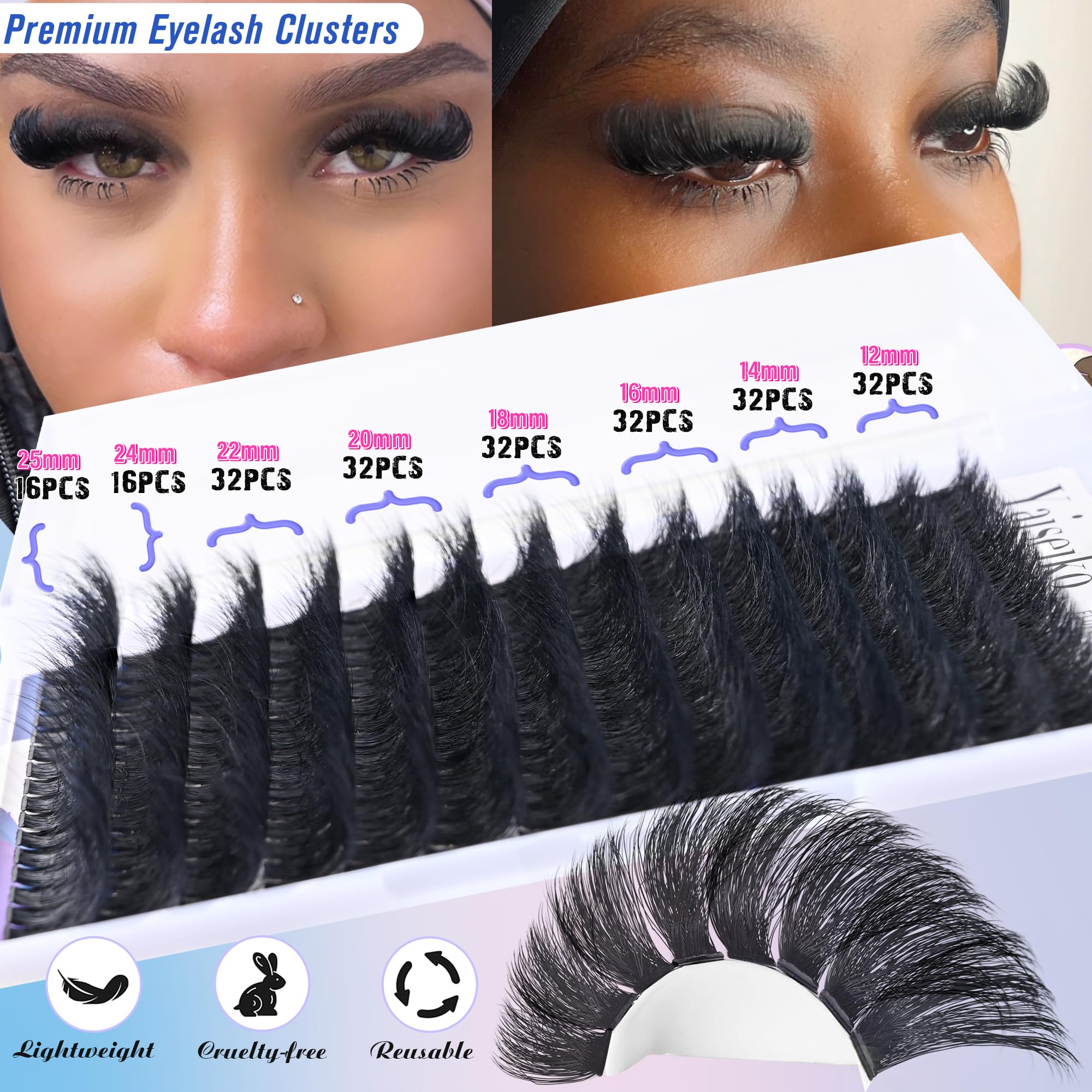 Fluffy Lash Clusters Kit 12-25mm Thick Cluster Eyelash Extensions Kit 224Pcs 150D Volume Individual Lashes with Lash Bond and Seal Wispy D Curl Waterproof Matte Black False Eyelashes, by Yaiseiko