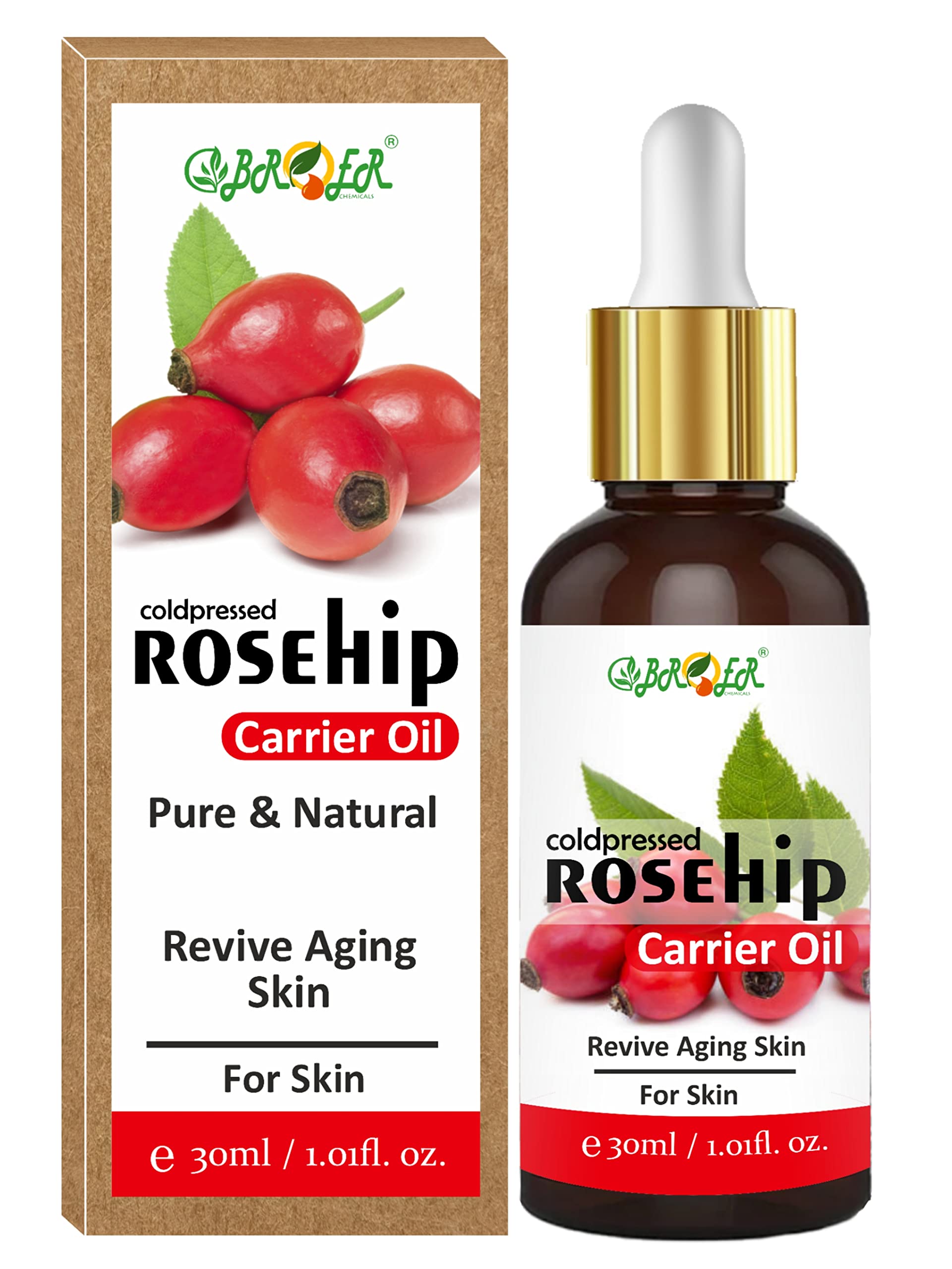 BROER Rosehip Oil, 100% Pure, Natural and Cold Pressed | Rosehip Carrier Oil | for Wrinkles, Fine Lines and Under Eye 30ml
