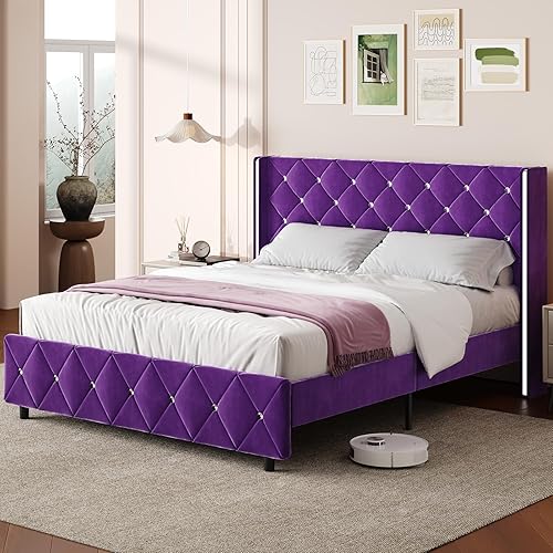 Miniatura 30 de Base de cama individual con cabecero, marco de cama individual con diseño capitonado de diamante, cama de plataforma tapizada con respaldo de alas,