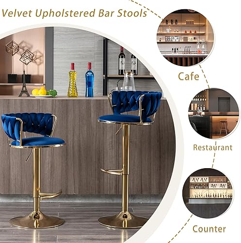 Miniatura 75 de Juego de 2 taburetes de bar de terciopelo giratorios con base de metal dorado, taburetes de bar modernos de altura de mostrador para cocina, pub,