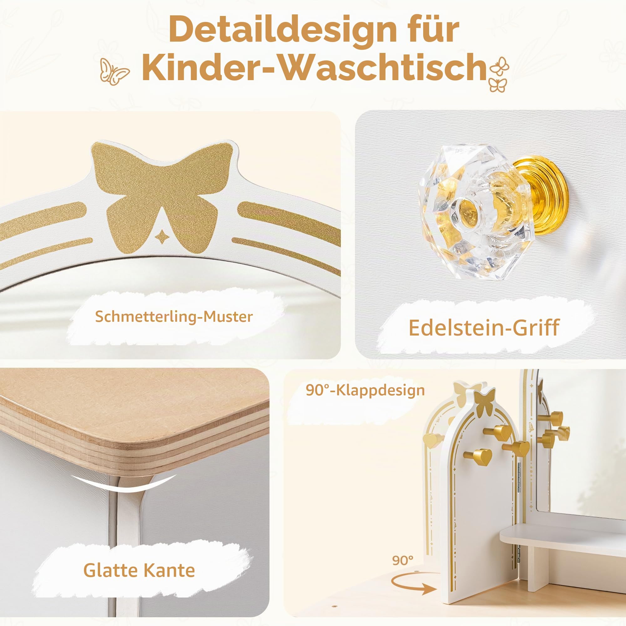 ROBUD Kinder Schminktisch mit Hocker: Mädchen kinderschminktisch mit Spiegel, Rollenspiel Schminktisch für Kinder, Frisiertisch mit Schublade und Zubehör für Kinderschminke, ab 3 Jahren （Weiß-golden）
