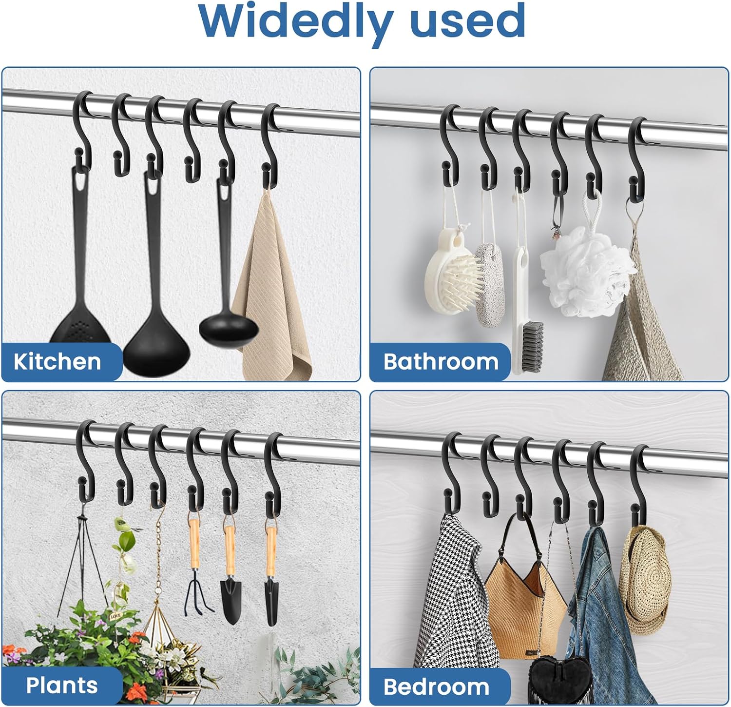 Shower Curtain Hooks Rings, 12 Pcs S Shape Shower Curtain Hooks, Rust Proof Shower Curtain Rings, Shower Hooks for Shower Curtains, Kitchen Utensils, Clothing, Towels, Black