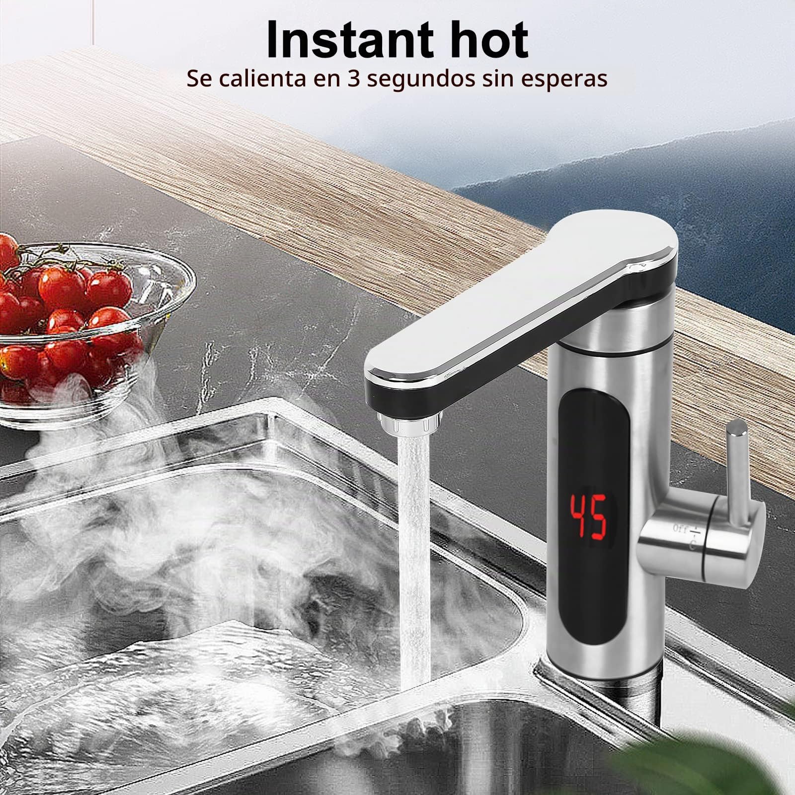 Grifo eléctrico con calentador de agua instantáneo (230 V, pantalla LCD, rotación de 360°, con calentador de agua instantáneo para cocina)
