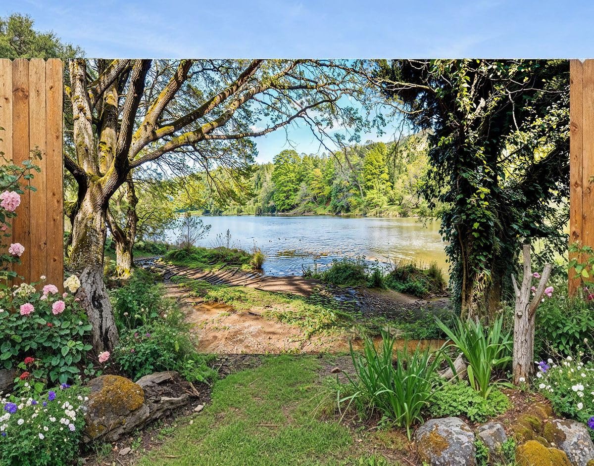 B&Q -  Lakeside View Garden Mural Curtain Waterproof Outdoor Tapestry Nature Garden Wall Art Patio Fence Decor Panel W300Cm H180Cm