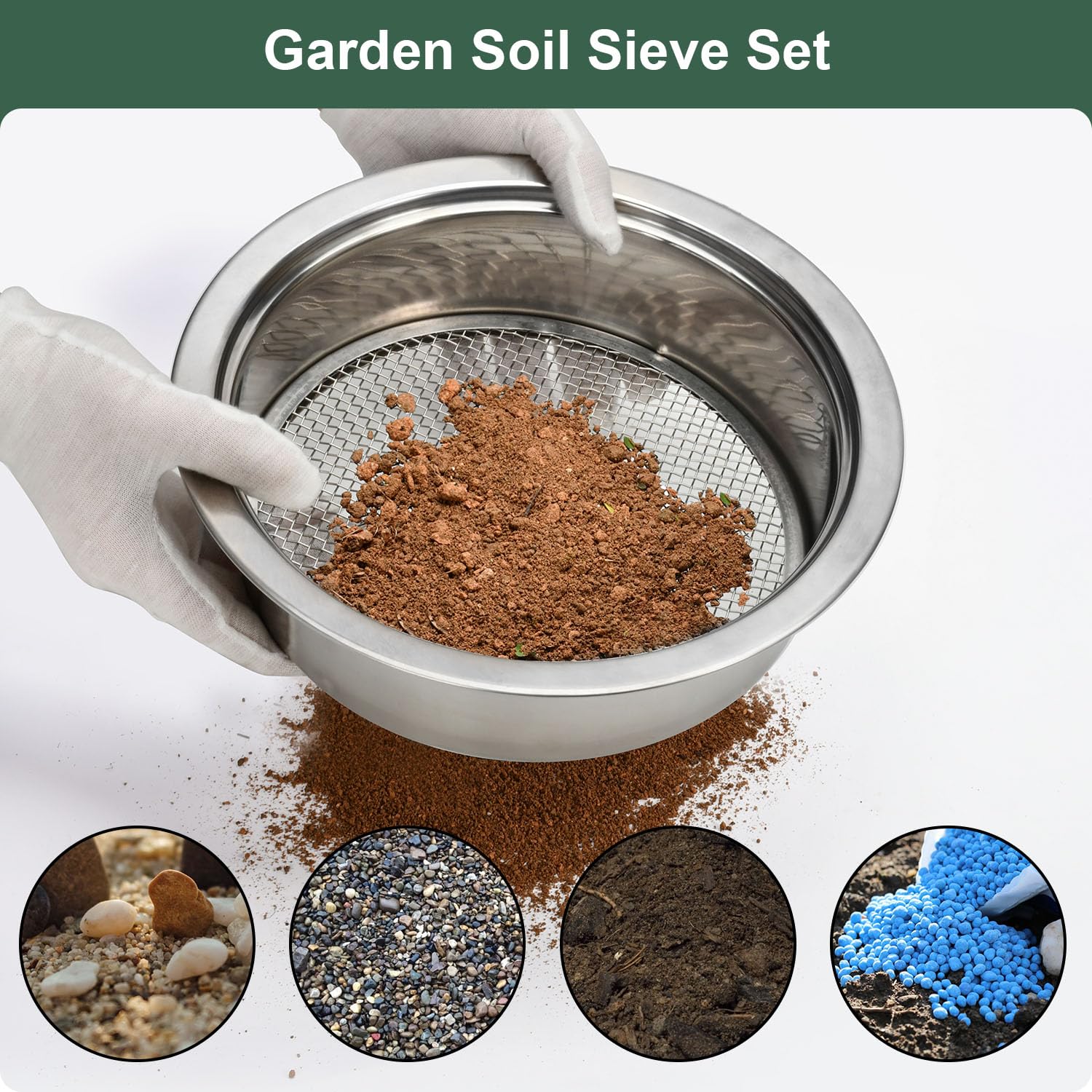 Erdsieb Set Garten Erde Sieb Edelstahl Maschensieb Kompostsieb mit 5 austauschbaren Maschen 1,3,6,9,12mm und Bonsai Erde Schaufel