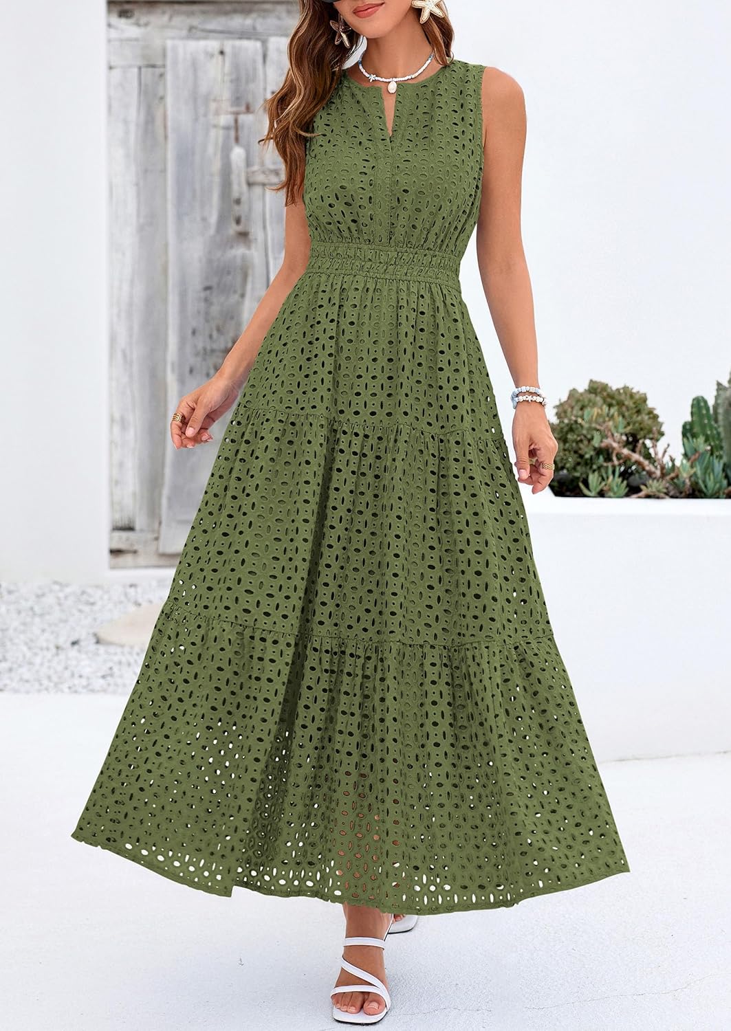 PRETTYGARDEN Womens 2026 Summer Maxi Dresses Sleeveless Sundresses V Neck Eyelet A Line Long Flowy Spring Wedding Guest Dress - Image 2