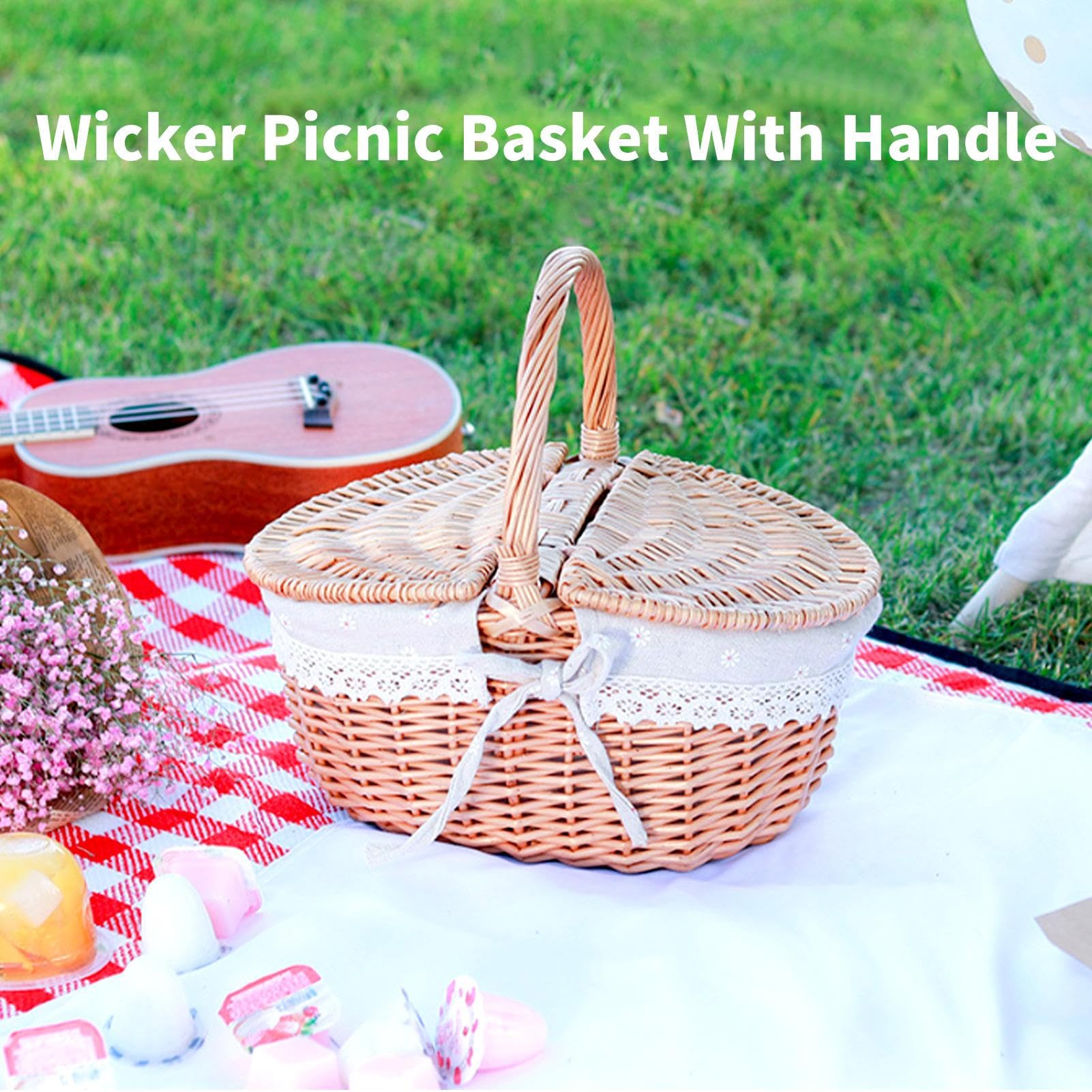Weiden Picknickkorb Mit Deckel & Henkel – Handgeflochtener Picknickkorb Für 2 Personen Mit Entnehmbarem Innenfutter – Ideal Für Picknick, Einkaufen, Camping Und Als Geschenk