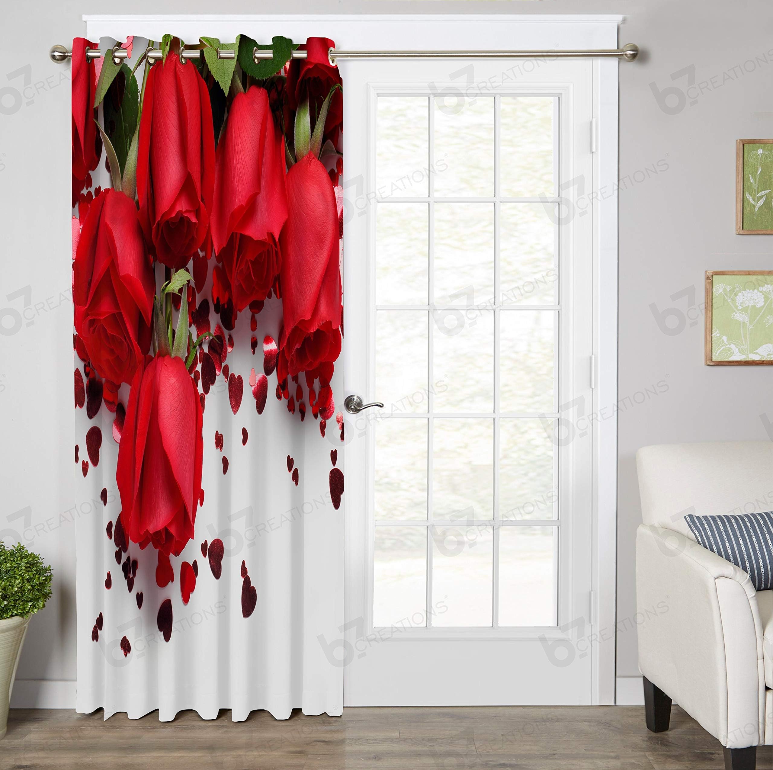 b7 CREATIONS Polyester Digital Printed Floral Eyelet 1 Piece Curtain for Bedroom/Living Room/Home (Red and White, Windows 5 Feet)