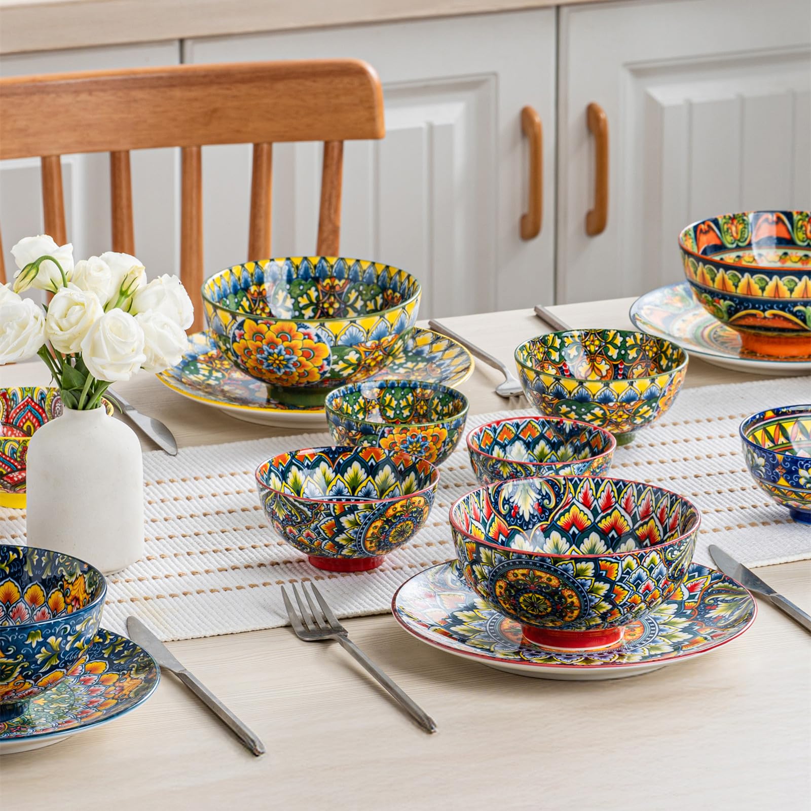 Henten Home Miski do płatków śniadaniowych, ceramiczny zestaw misek do zupy 6 sztuk - 680 ml, miski do serwowania płatków śniadaniowych/zupy/płatków kukurydzianych/śniadania, dwustronny wzór, kolorowe