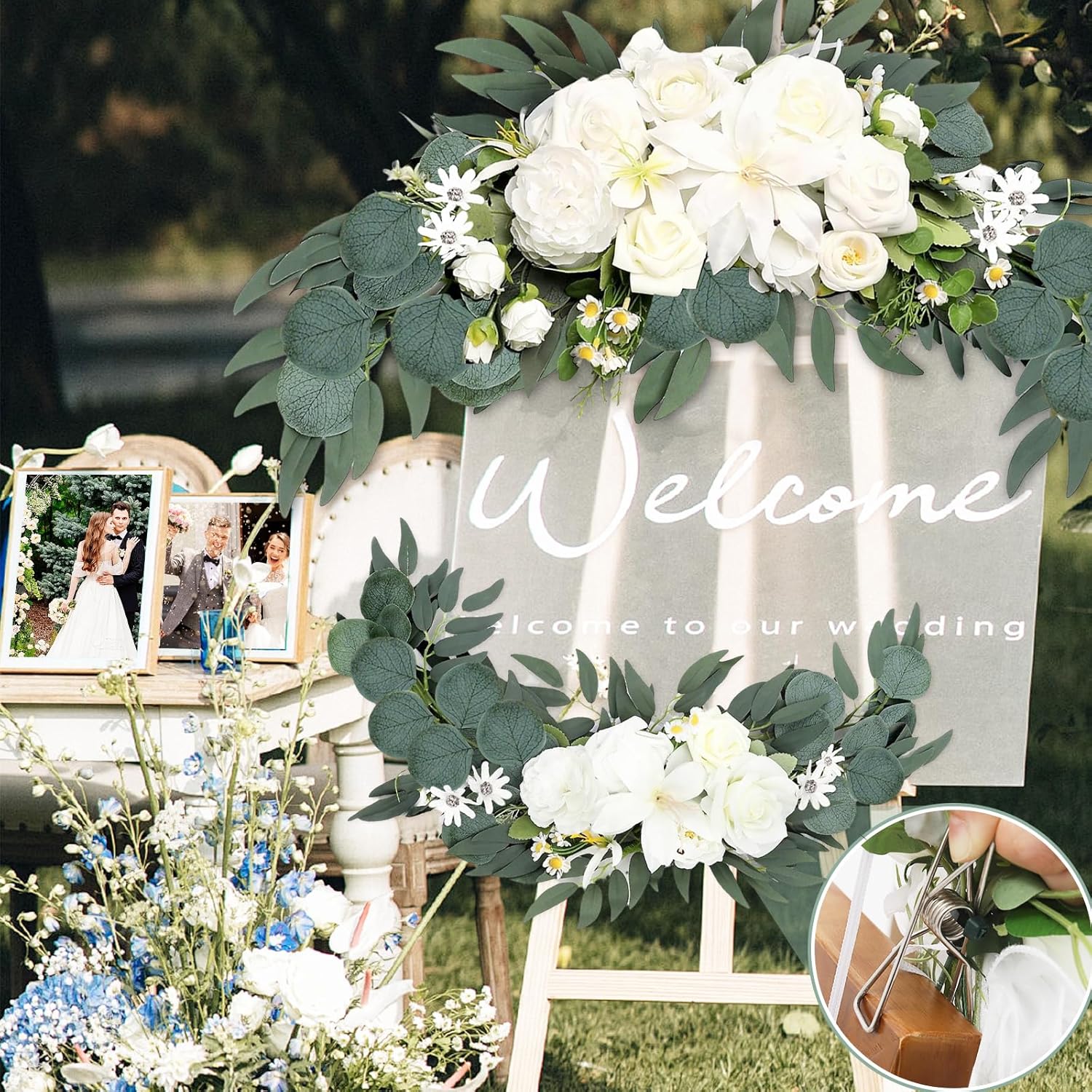 Wedding Arch Flowers 2 Pack, Artificial White Roses and Greenery Swag for Welcome Sign Decorations, Ceremony Backdrop, Reception Arch Decor