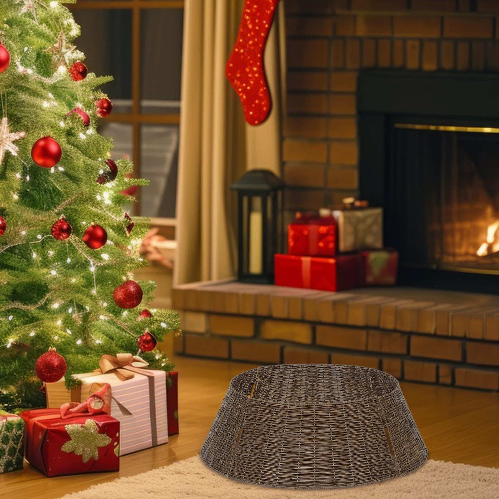 Homoyoyo Gonna Rustica per Albero di Natale Intrecciata a Mano Collare ad Anello in Rattan Naturale da 65 CM Copertura Base Decorativa Eco-Sostenibile per Arredamento Moderno e Country