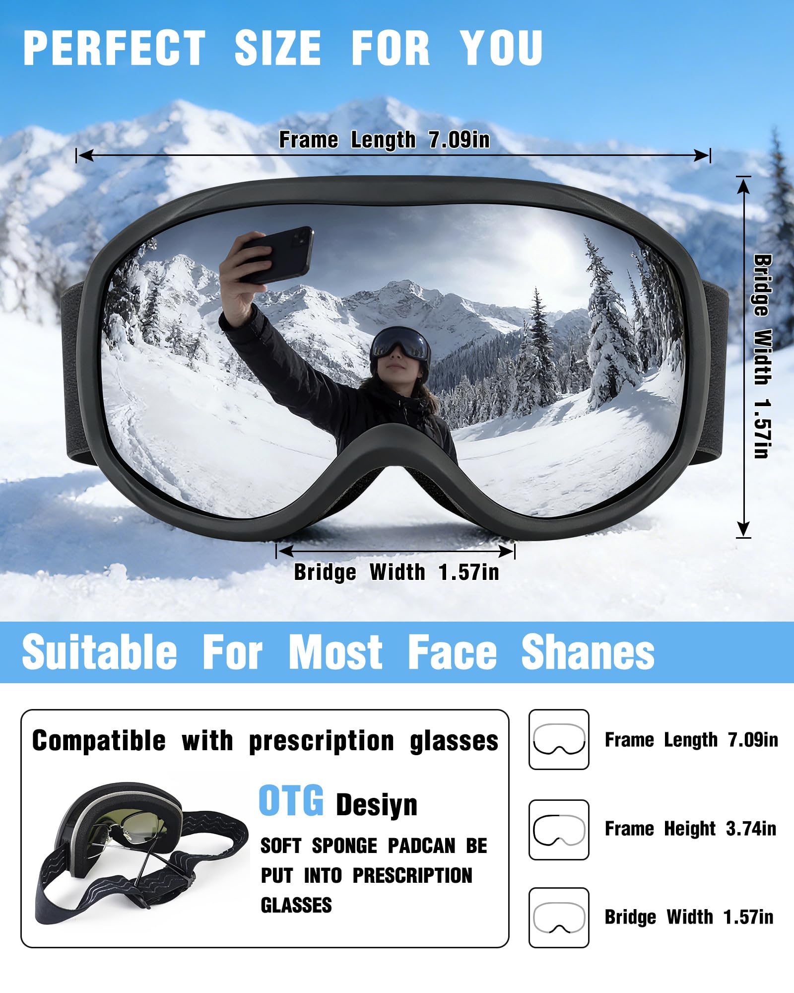 FMY Occhiali da snowboard e sci per adulti, anti appannamento, protezione UV, occhiali da sci per uomini, donne e giovani