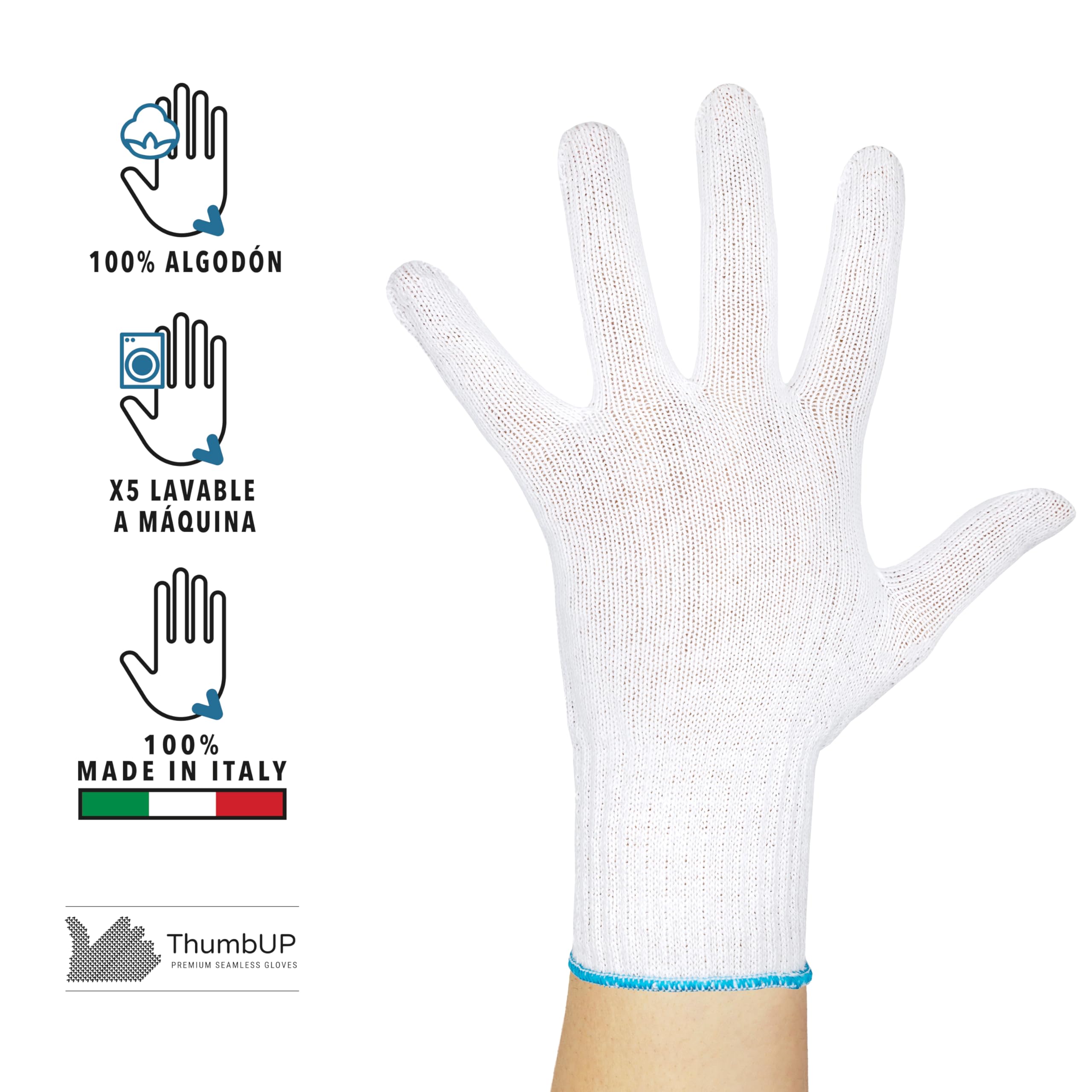 ThumbUP - Supersoft -Pack de 12 Pares de Guantes 100% Hilo Algodón Cardado América, Resistentes, Ambidiestros, Sin Costuras, Muñequera Elástica, Lavables y Reutilizables, Blanco Candid, Talla S
