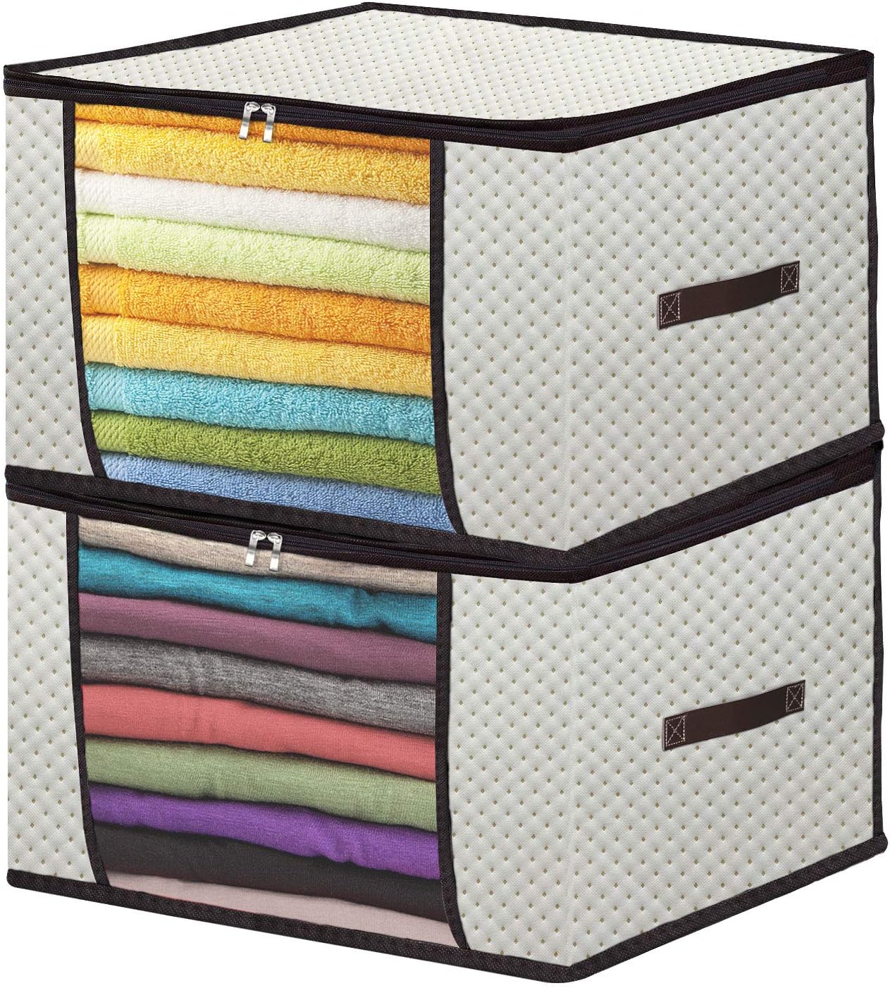 Onlyeasy Thick Clothes Storage Bags 100L Large Capacity Fabric Closet Organizer for Comforters, Blankets, Bedding, Foldable with Sturdy Zippers and Clear Window, 23"x19"x14", 2 Pack, Beige, MX3MR60M