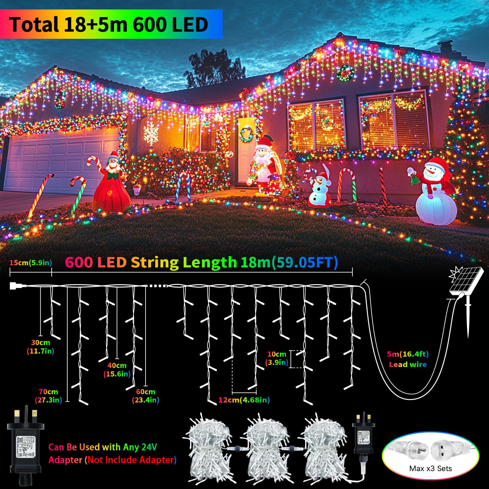RJEDL Outdoor Solar Christmas Icicle Lights 18+5m/75.5ft 600 Led Solar Icicle String Lights with USB Port & Remote Control Solar Hanging Lights Waterproof for Outside Backyard Balcony Decor - Image 2