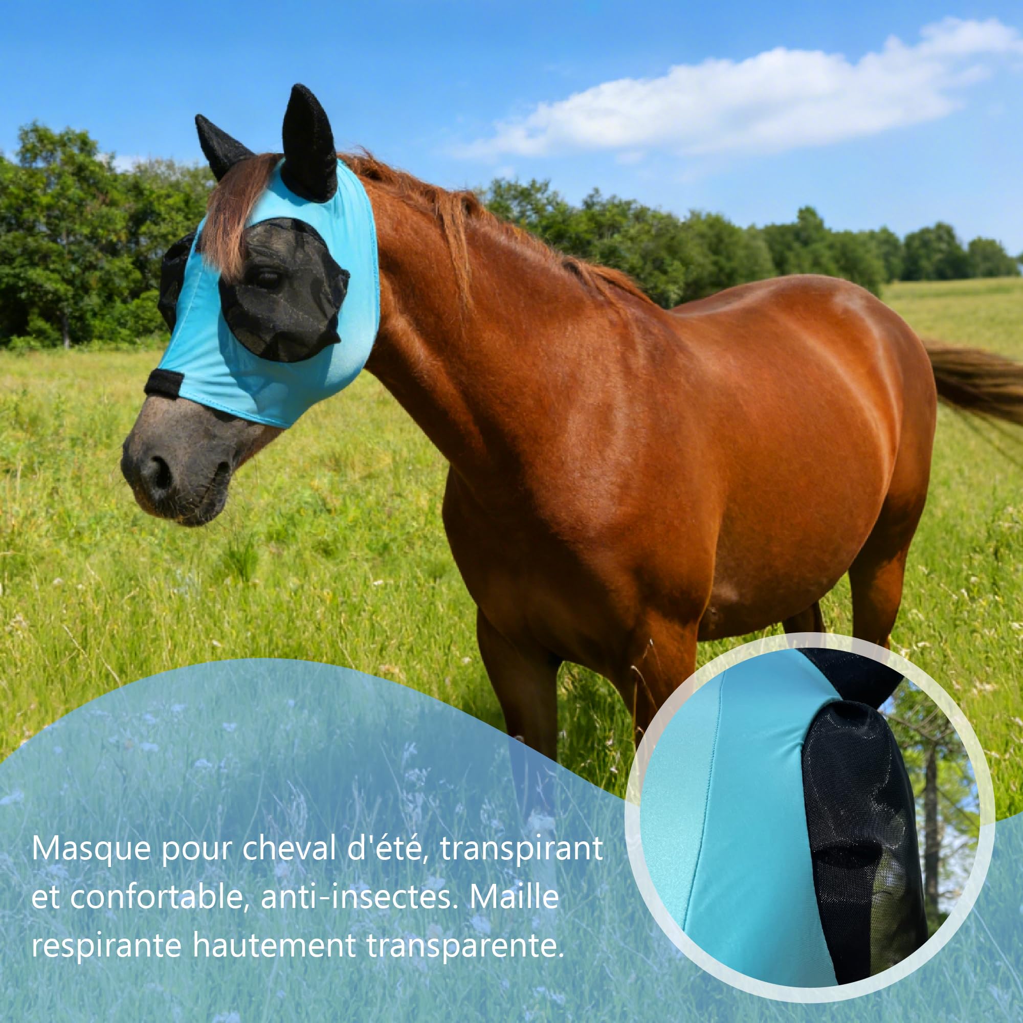 Masque Anti-Mouches pour Chevaux avec Oreilles, Protection UV, Respirant, Grands Yeux - Bleu Lac (Medium)