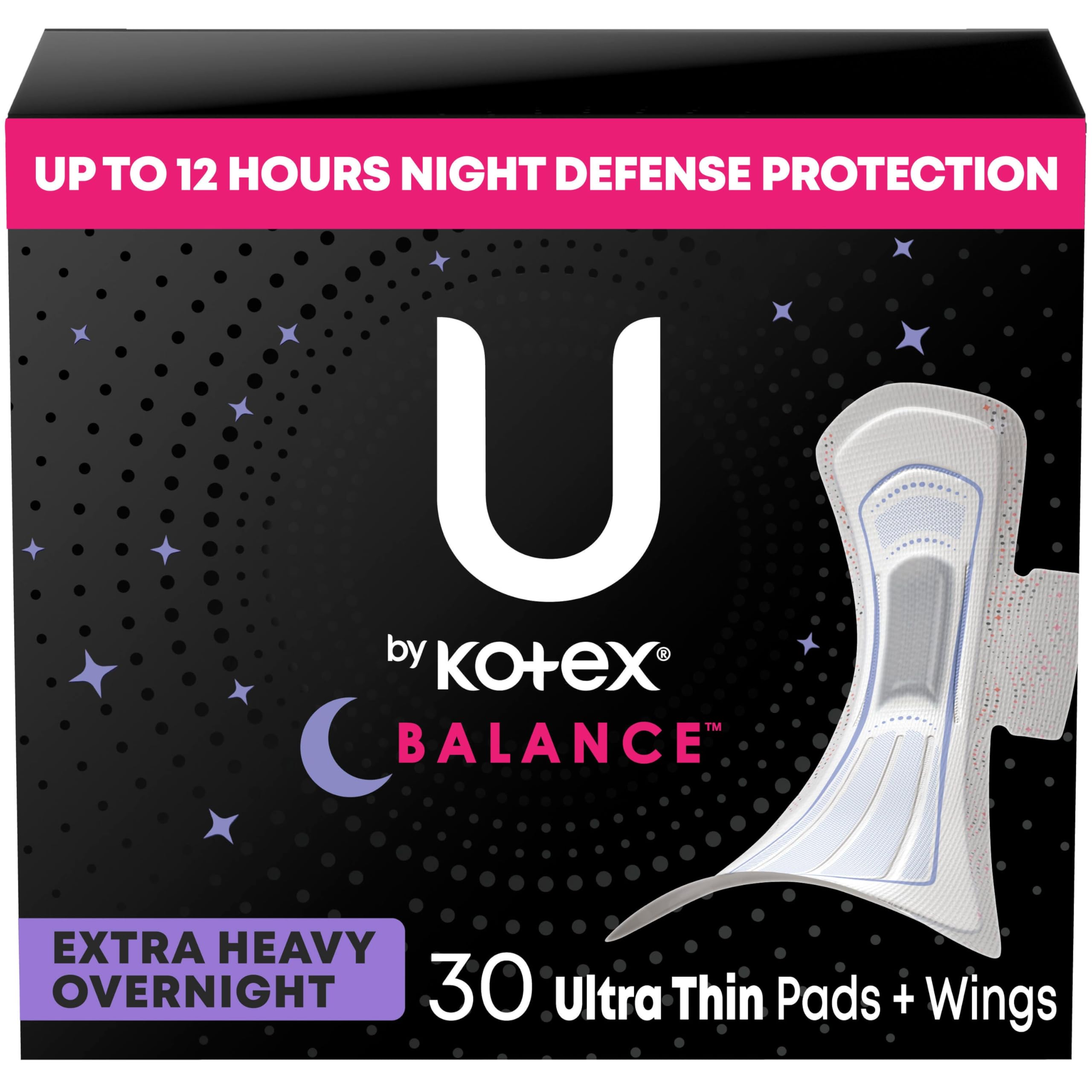 U by Kotex Balance Pads with Wings, Ultra Thin, Overnight, Extra Heavy Absorbency, 30 Count (Packaging May Vary)