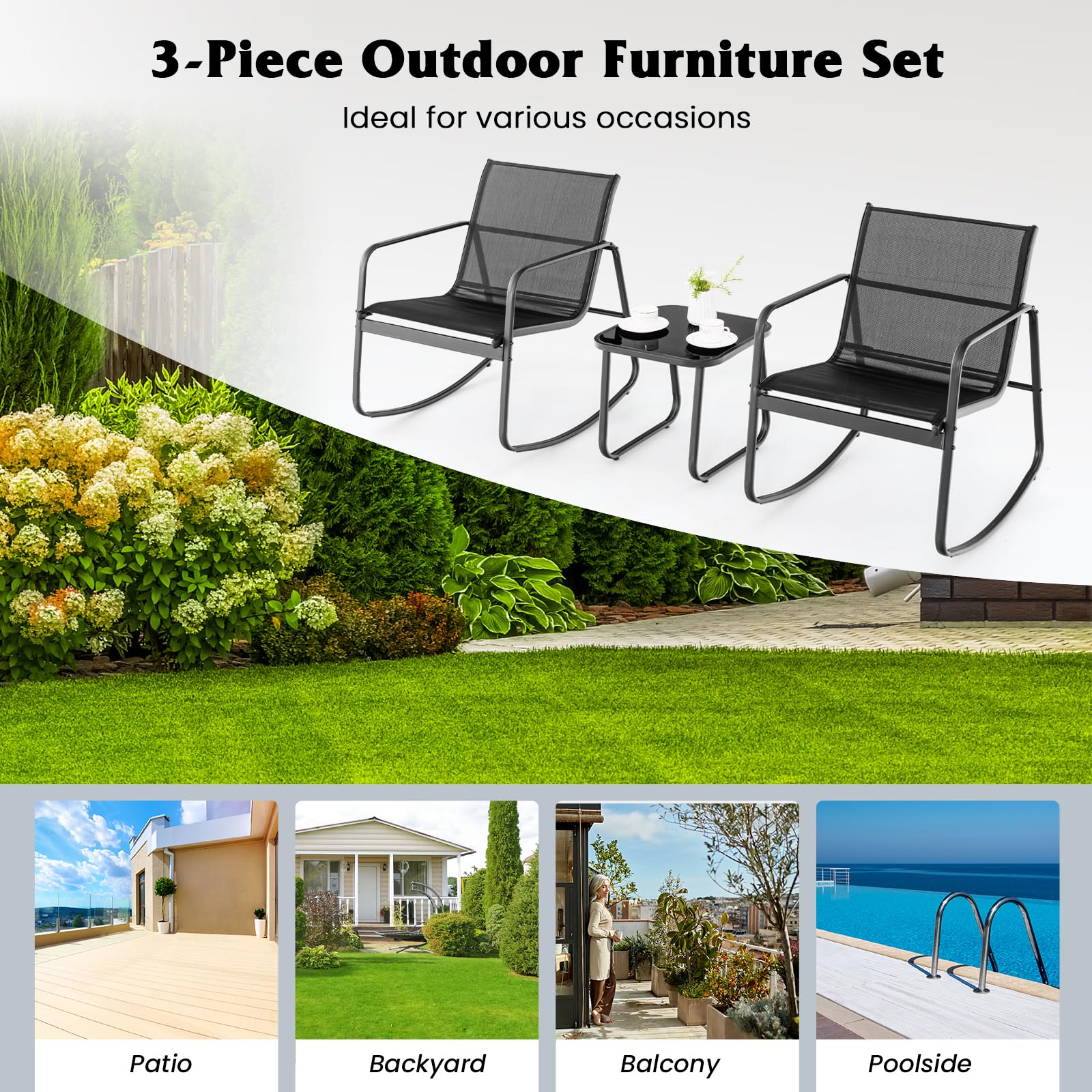 GIANTEX Set da Giardino per 2 Persone, Sedie a Dondolo con Tavolino in Vetro, Tessuto Traspirante e Gambe Regolabili, Disponibile in 3 Colori, Perfetto per Balcone e Terrazzo