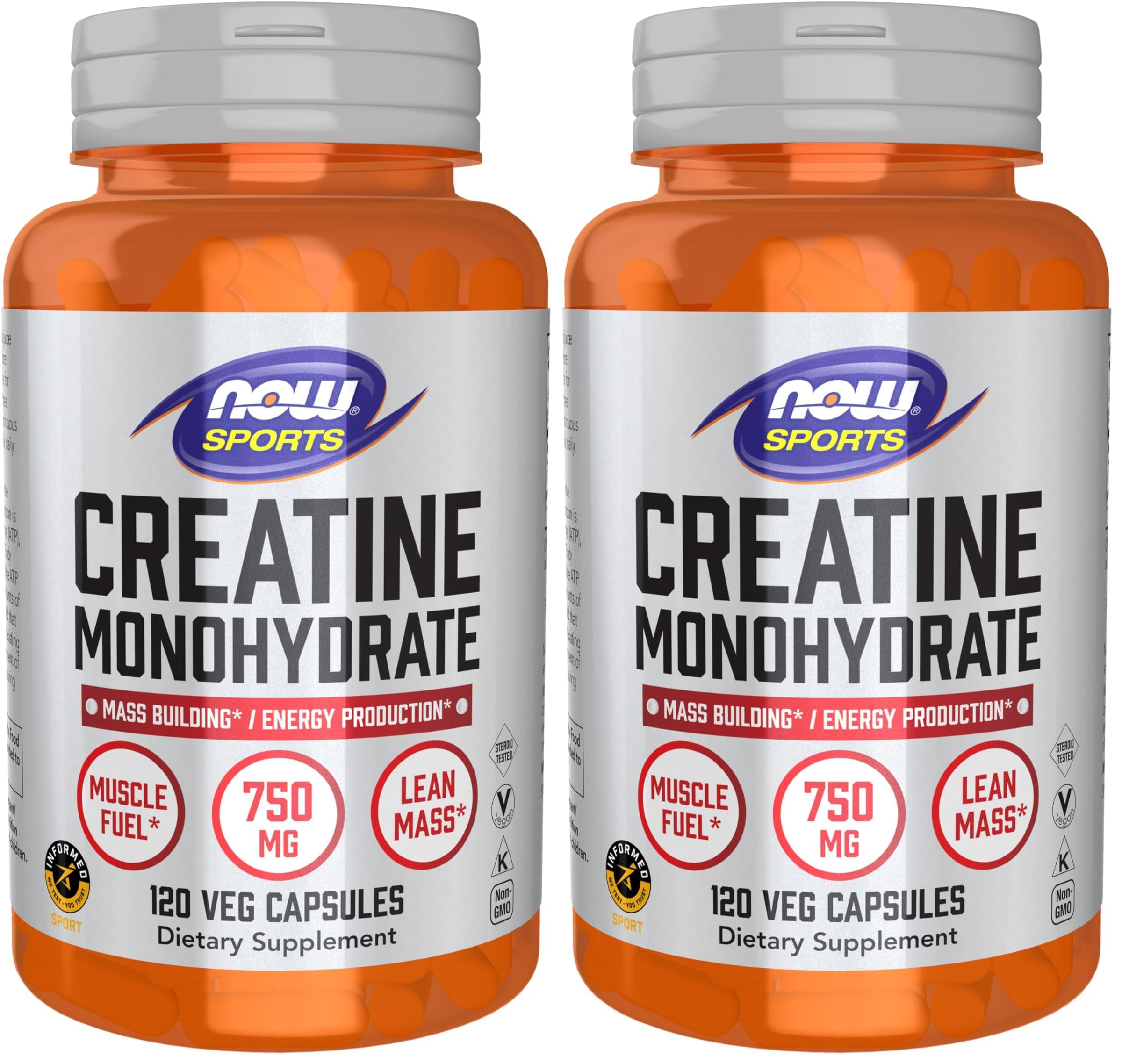 NOW Foods Sports Nutrition, Creatine Monohydrate 750 mg, Mass Building*/Energy Production*, 120 Veg Capsules,(Pack of 2) 120 Count (Pack of 2)
