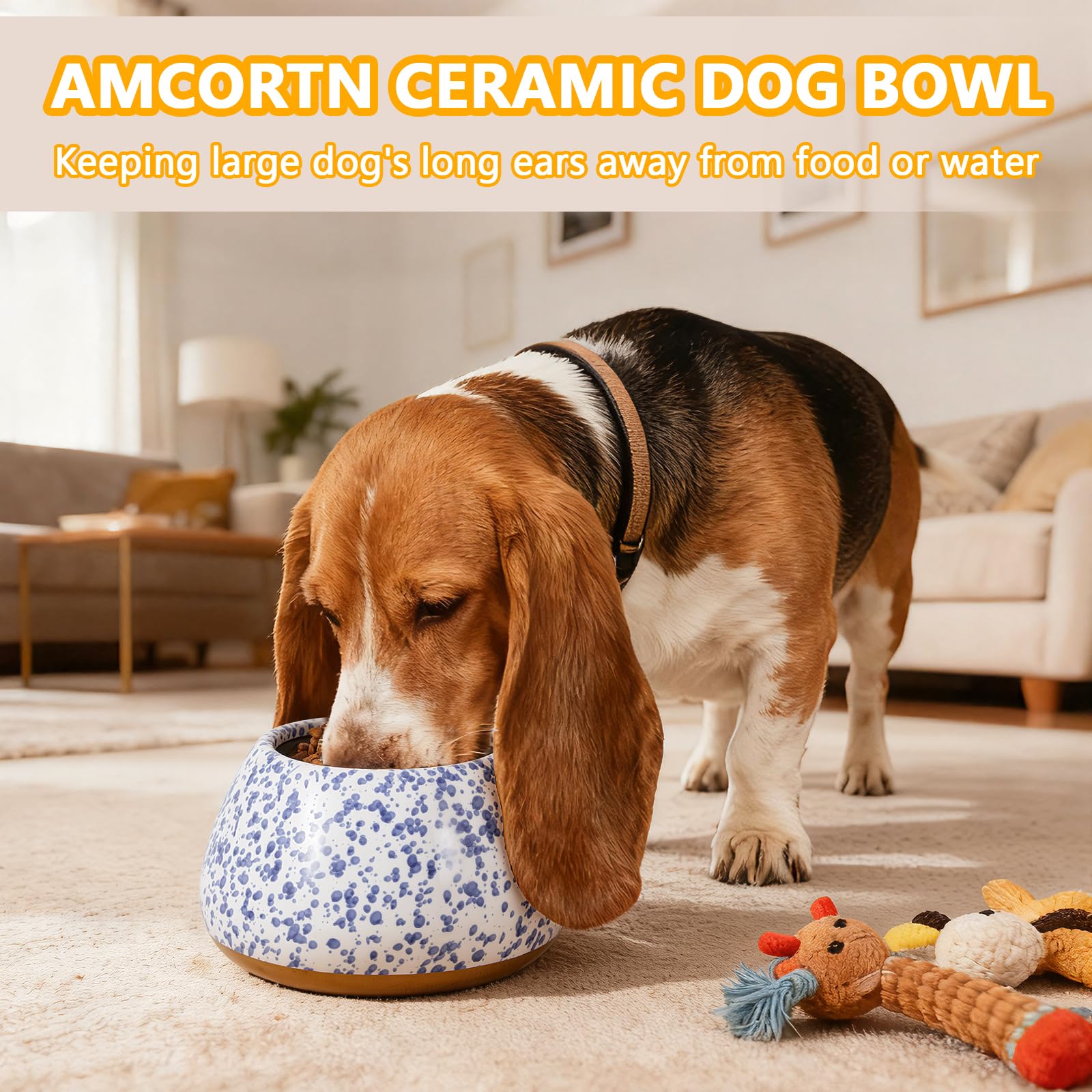 Ceramiczne miski dla psów, długie uszy duże psy miski na wodę i karmę - bez rozlania miska dla zwierząt biała z niebieskimi plamkami, cocker spaniel beagle bassett hound