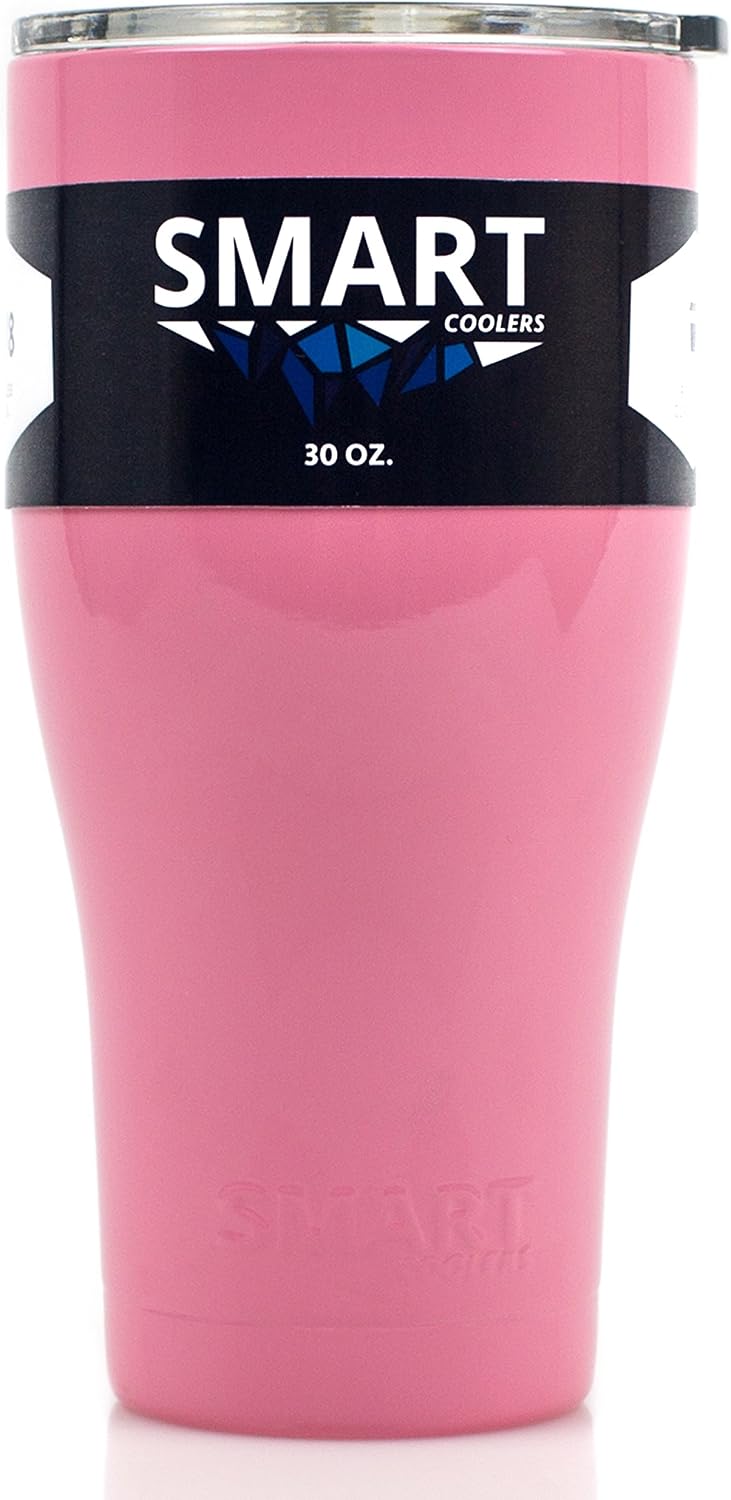 Smart Cooler 30 Oz. Sweat Free Ultra-Tough Double Wall Stainless Steel Tumbler Cup with Leak-proof Heavy Duty Tumbler Lids (Slide Lid & Flip Lid), Straw, & Cleaning Brush - Pink
