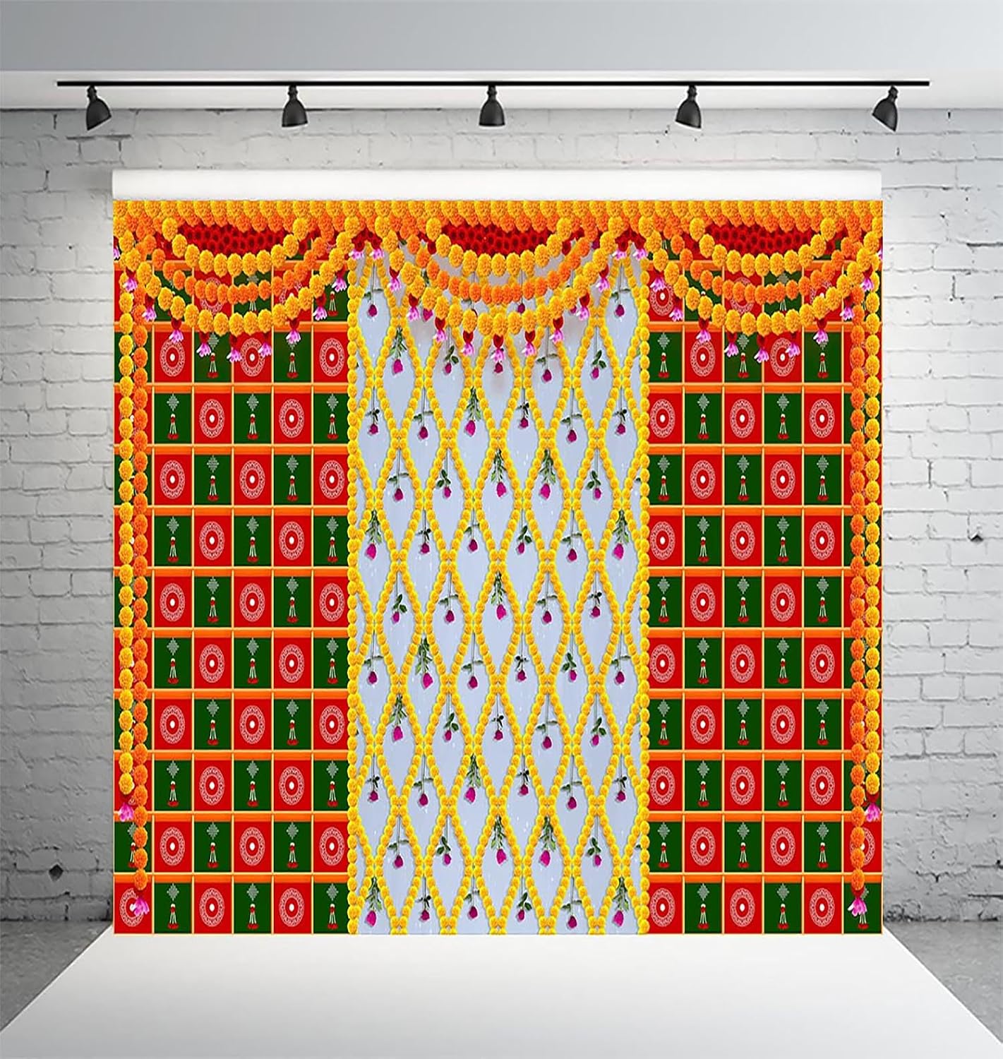 DHARA CREATION Decoration Flower (8FT-8FT) Backdrop Cloth for Pooja Decoration Traditional Cloth for Festival 8 Feet Heigh