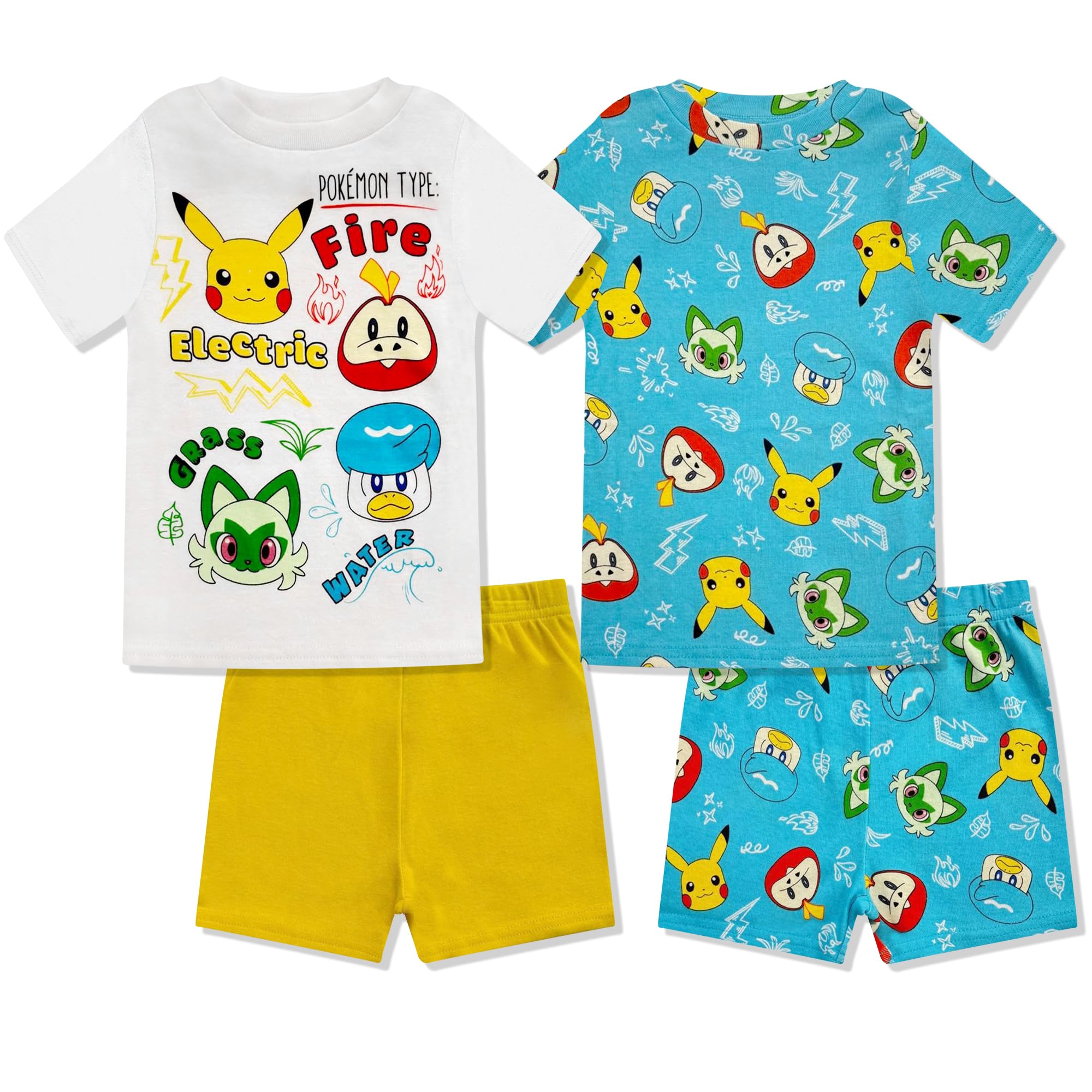 Pokémon - Set pigiama per ragazzi - Set pigiama a maniche corte e pantaloncini, 100% cotone, pigiama estivo per bambini, vestibilità aderente, bianco blu, 8, Bianco blu, 8