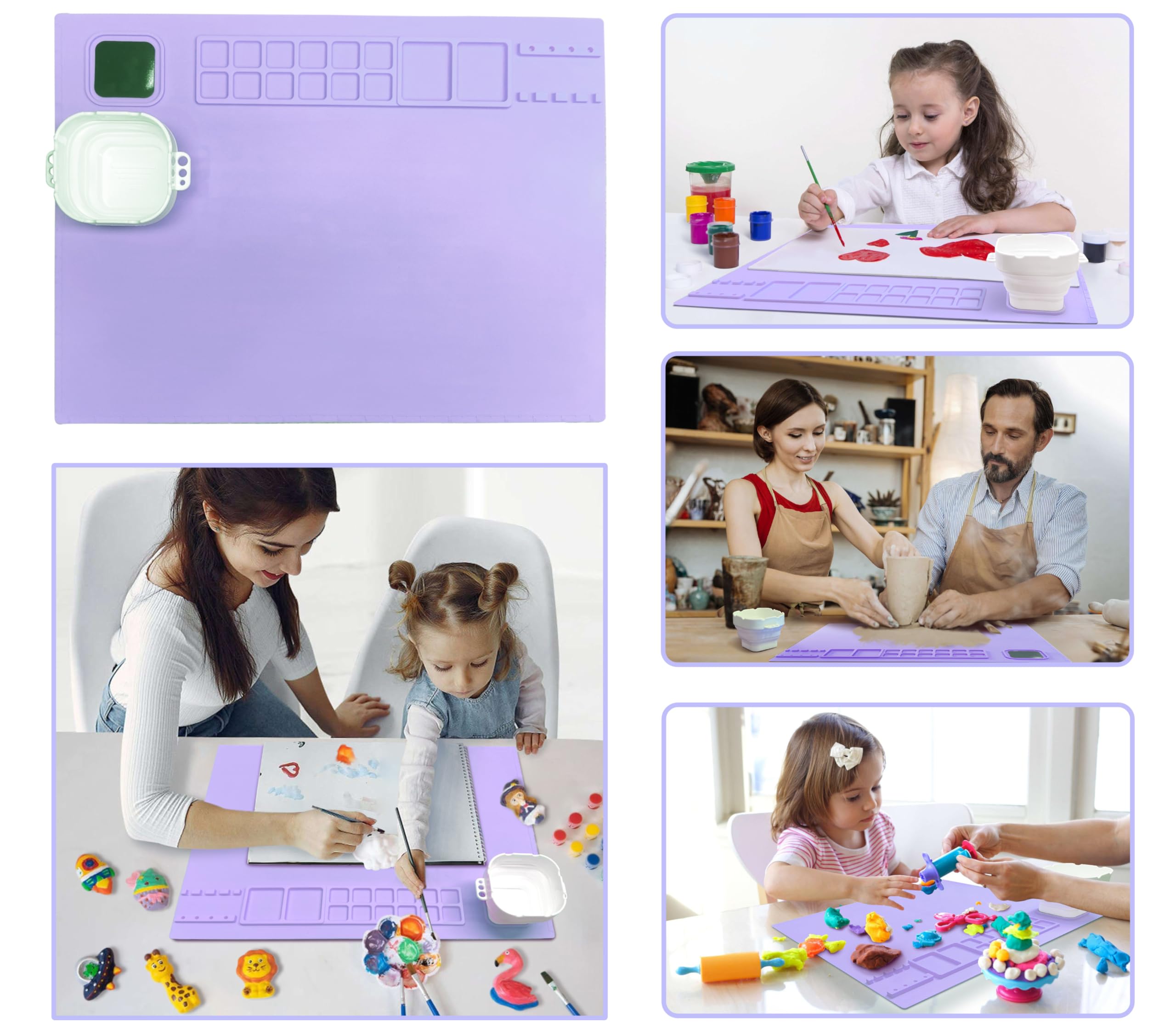 WISRIGHT Silicone Craft Mat for Kids Easy to Clean(20''x16'') - Non-Slip Silicone Painting Mat for Creators - Silicone Art Mat with Detachable Cup (Lavender)