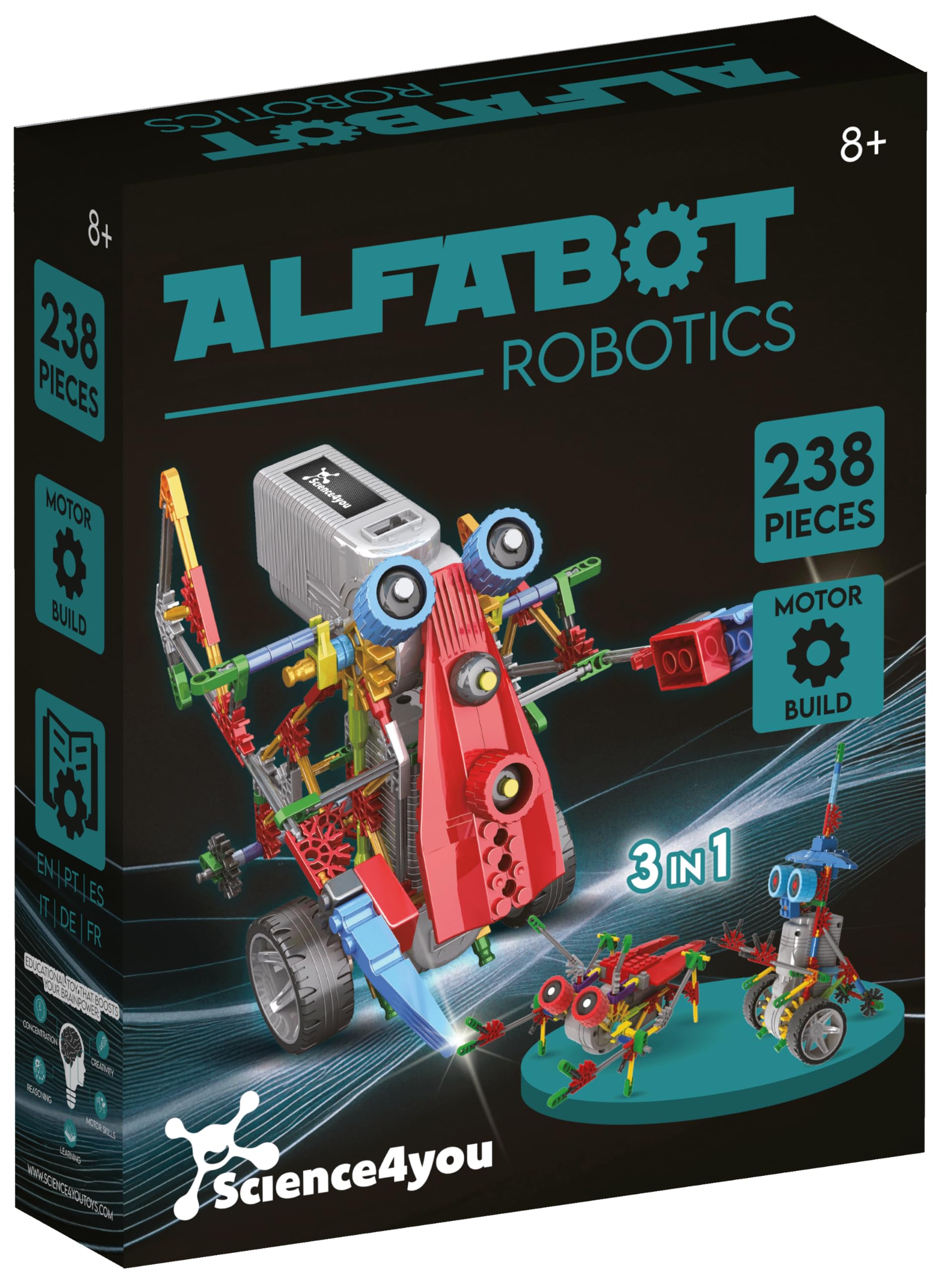 Science4you Robotics Alfabot - Robot Building Kit for Kids, 238 pieces - Build Your Own Robots and Make them Move - 3 Different Robots in 1 Toy - STEM Educational Toy for Kids Age 8-14