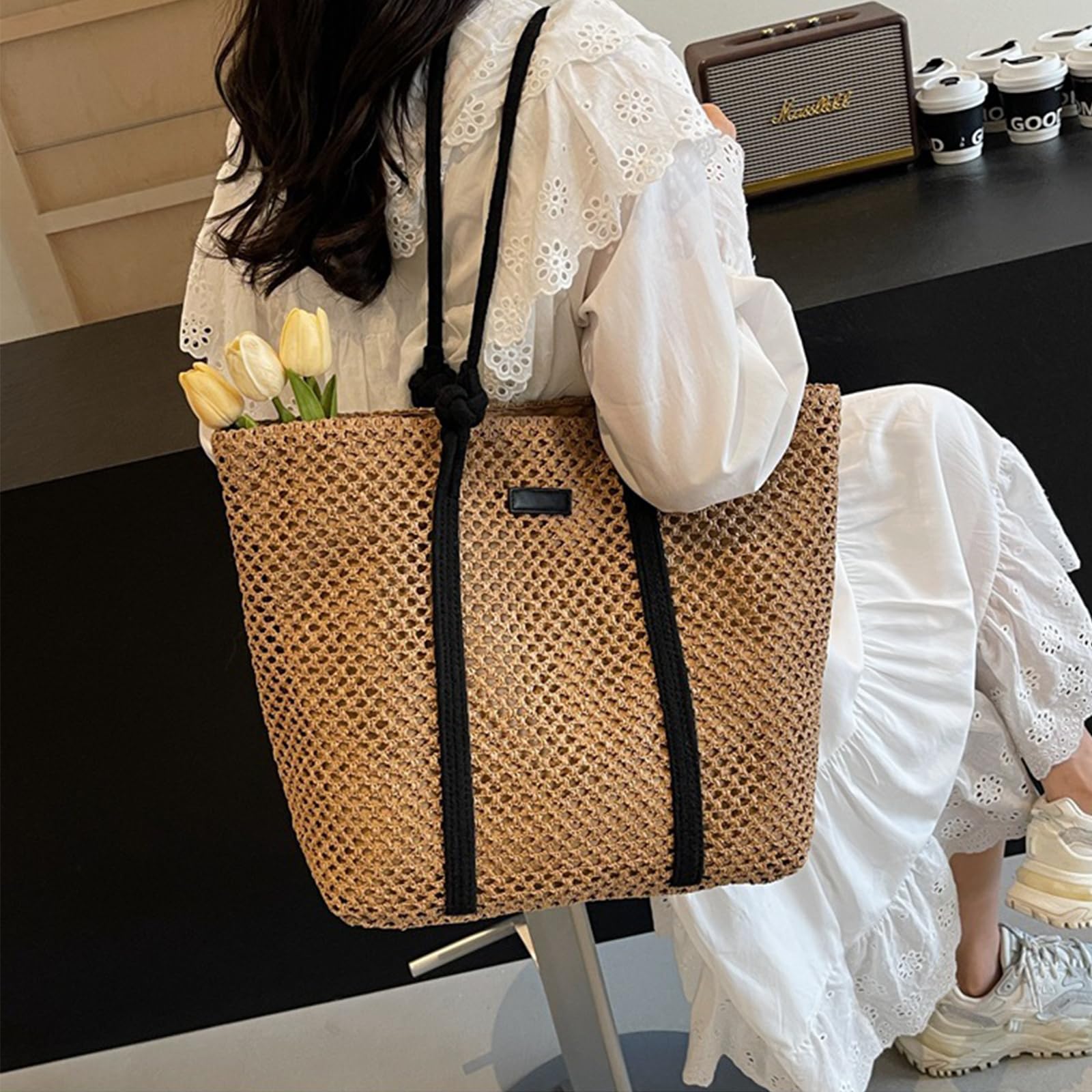 Sac en Paille à Bandoulière pour Femmes - Grand Format Tissé et Crocheté, Pour Plage et Vacances d'Été