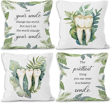 Boho Dental Office Throw Pillow Covers 18x18 Set of 4, Teeth Tooth Botanical Decor Pillow Cases Gifts for Dentist Dental Assistant Bedroom Living Room, Health Smile Pillowcases for Couch Bed