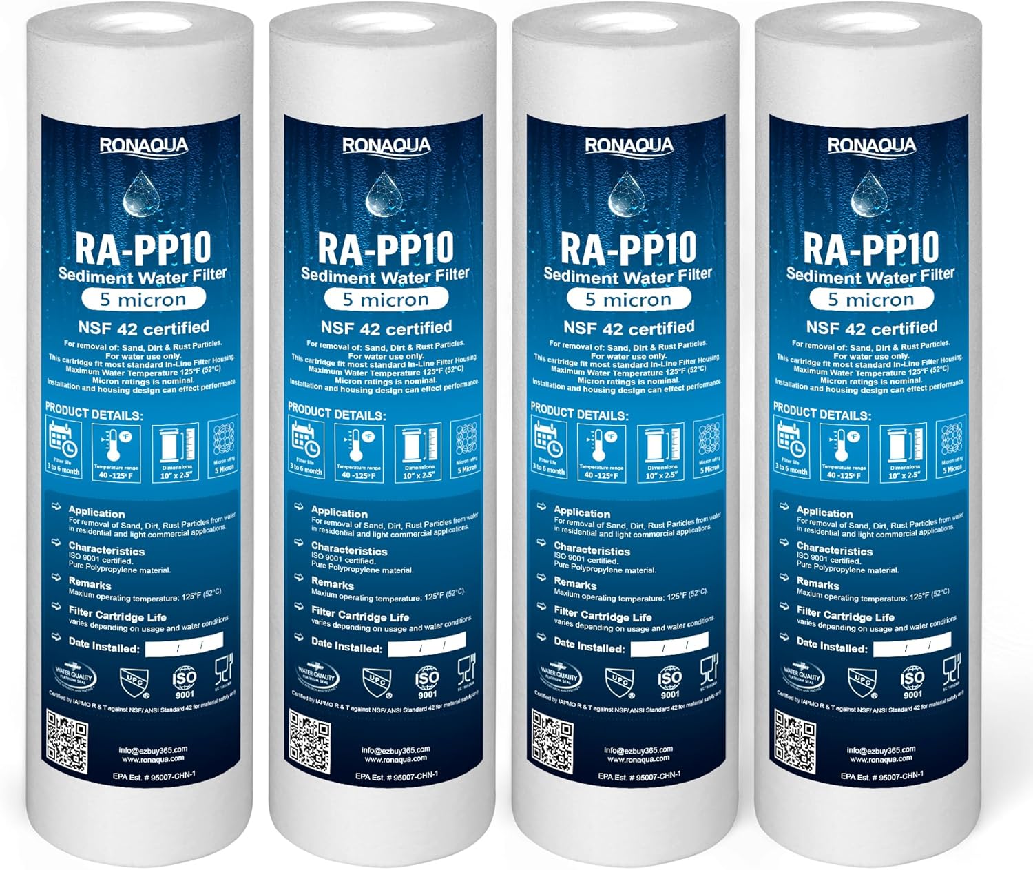 Ronaqua 5 Micron Sediment Water Filter Cartridge 10"x2.5", NSF Certified, 4-Layer Filtration for any 10-inch RO Units & Whole House Systems, Compatible with Culligan P5, AP110, WHKF-GD05, 4 Pack