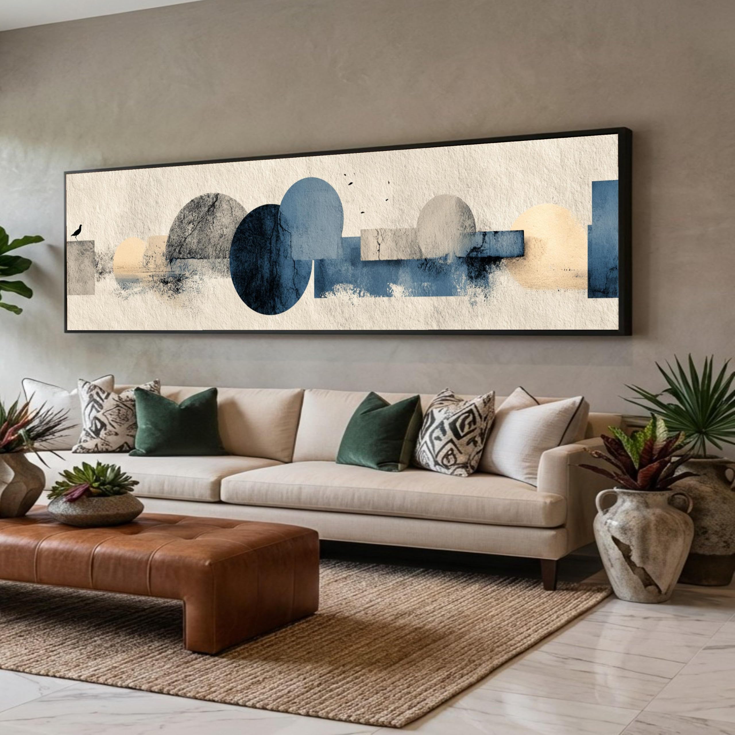 CAOXTART Long Narrow Abstract Geometry Canvas Wall Art, Blue and Beige Circles Posters, Minimalist Home Design Prints(45x135cm/Frameless)