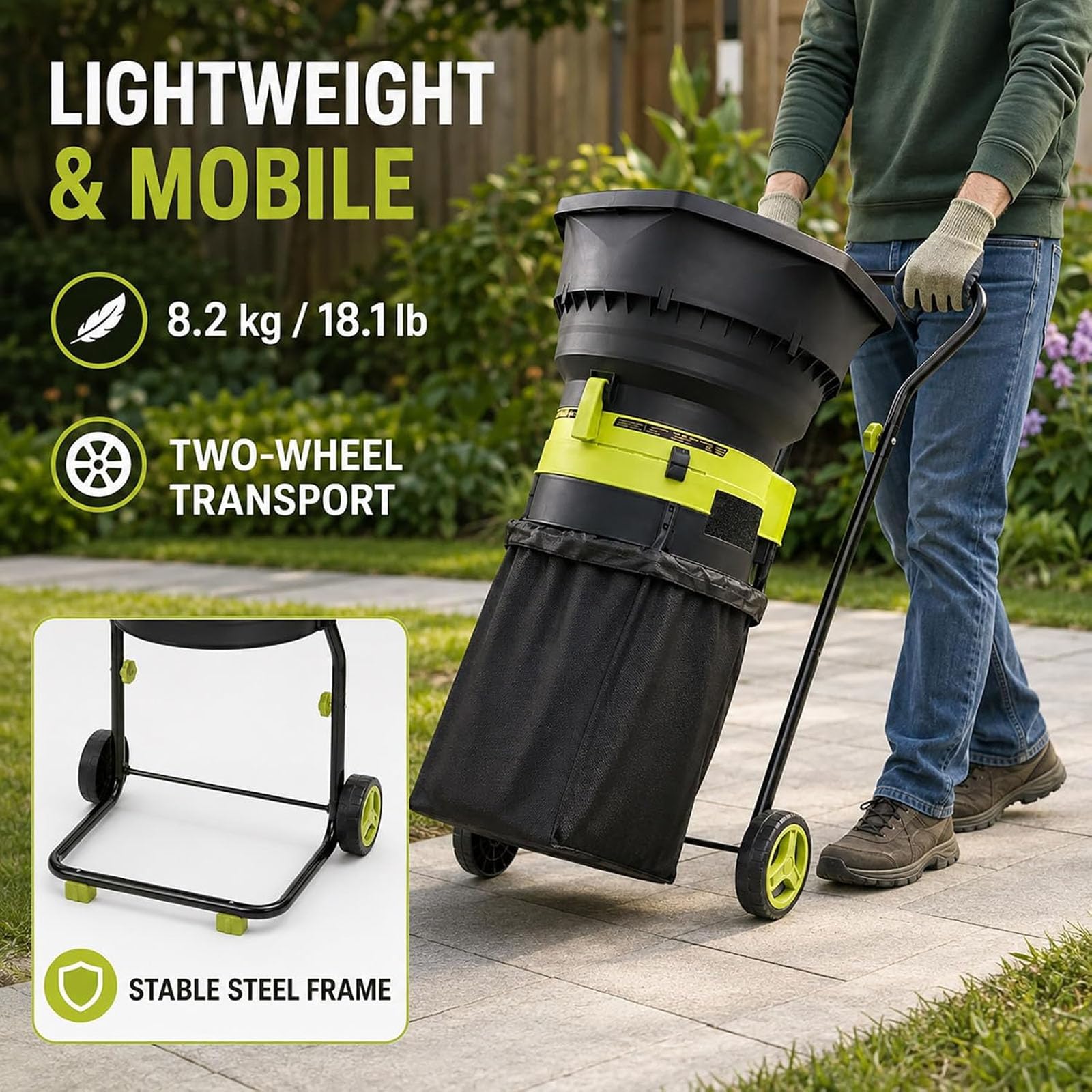 Broyeur De Feuilles Électrique Portable De 2500 W, 8000 TR/Min, Rapport De Réduction De 17:1, 3 Réglages De Grain Ajustables pour Un Ramassage, Un Compostage Et Un Nettoyage De Jardin Plus