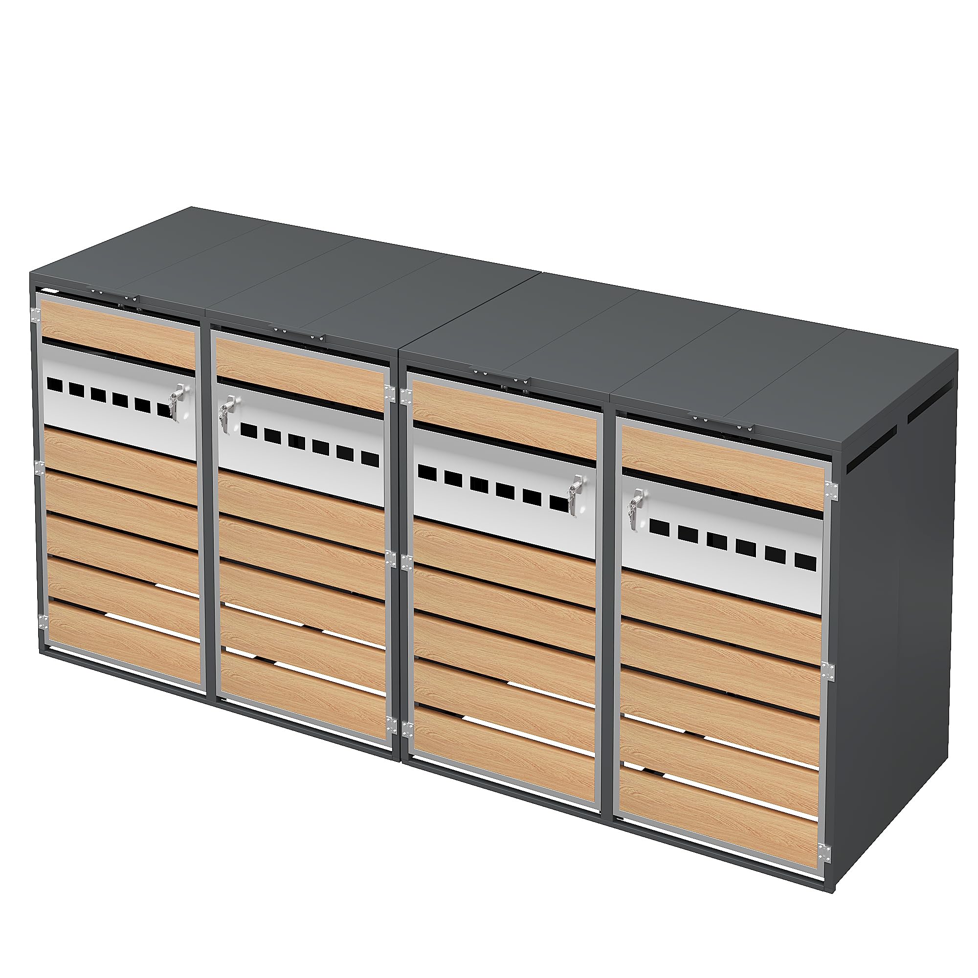HD26030410 Lot de 2 cache-poubelles verrouillables en acier galvanisé avec bandes visibles et couvercle rabattable jusqu'à 240 l Gris 132 x 80 x 118,5 cm